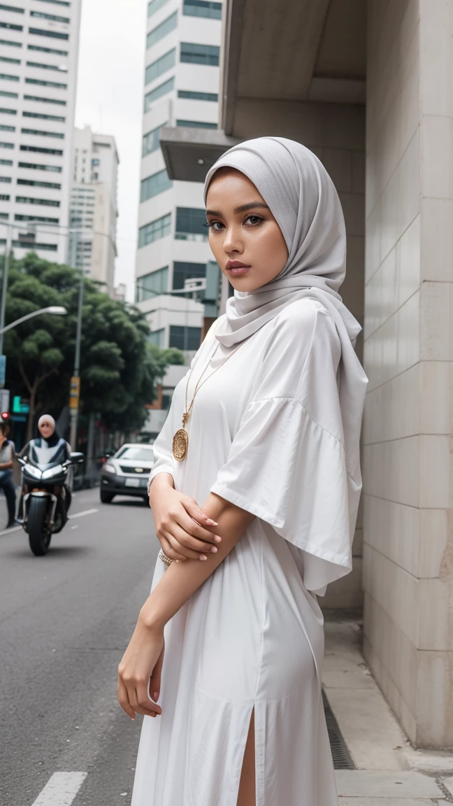 Gorgeous woman, twenty five years old, Indonesian, she is a top model, stylish, fashionable, unique modeling pose, grey hijab paired with white long tunic, Jakarta city downtown