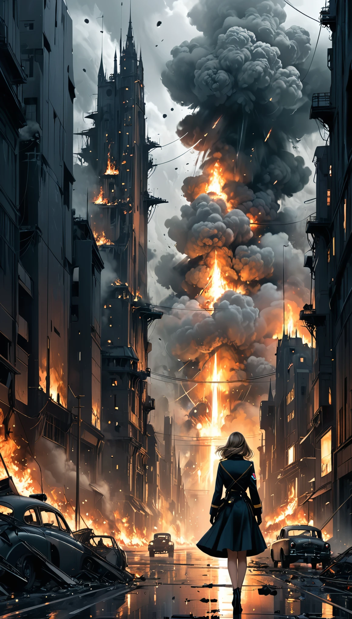 in style of Filip Hodas,in style of Megan Hess,1girl,fine sketches,Vivid,Moody,Landscapes,Fantasy,Dark,Royal Air Force Girls,Burning City,The end of the exploding horizon,masterpiece,Fine details,Sense of atmosphere,atmosphere,Vanishing Point Composition,