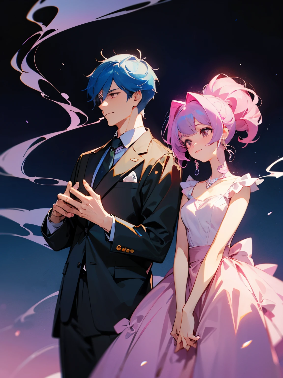 cartoon of a man and a woman standing close together, ddlc, in the art style of 8 0 s anime, 9 0 s anime style, 90s anime style, in anime style, in an anime style, anime aesthetic, anime vibes, 9 0 s anime aesthetic, 9 0 s anime art style, lofi man and woman, beautiful background outside, background at night with stars and a moon, fairy lights, beautiful background in a floral garden with fairy lights at night, a cute man and a cute woman, beautiful faces, a man and a woman, don't extra hands, NO extra hands, generate a man and a woman with NO extra hands, NO extra arm, the man has a short hairstyle and the woman has a long hairstyle, the man has blue hair, the woman has pink hair, pretty faces, cute pretty man in a smoking dress, cute pretty woman in a beautiful dress, with amazing smile, man has a pretty smile, woman has a cute smile,   