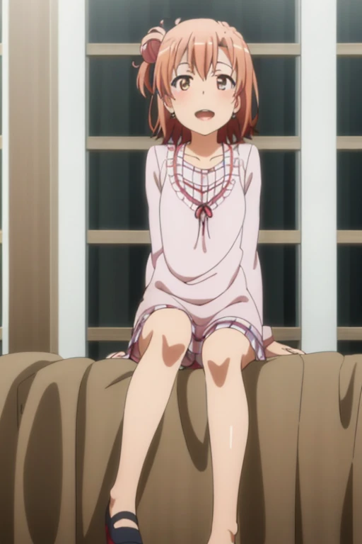 ((highest quality)), ((masterpiece)), (be familiar with), Perfect Face, indoor, Bedroom, Watching the audience,
One woman, Yuigahama Yui,
Open Mouth, Ecstatic expression, blush, smile,
Small breasts, Flat Chest, Young Girl, , , Girl,
Short Hair, Salmon-colored hair, Salmon-colored eyes, Side Pony,
Leg spread,