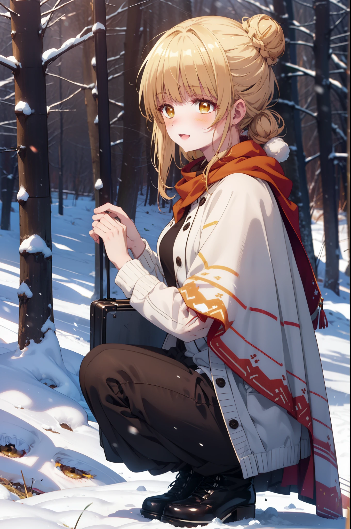 I am mahirushiina, Mahiru shiina, blonde, (Brown eyes:1.7), Long Hair, happy smile, smile, Open your mouth,Hair Bun, single Hair Bun,blush,White Breath,
Open your mouth,snow,Ground bonfire, Outdoor, boots, snowing, From the side, wood, suitcase, Cape, Blurred, Increase your meals, forest, White handbag, nature, Squat, Mouth closed, フードed Cape, winter, Written boundary depth, Black shoes, red Cape break looking at viewer, Upper Body, whole body, break Outdoor, forest, nature, break (masterpiece:1.2), highest quality, High resolution, unity 8k wallpaper, (shape:0.8), (Beautiful and beautiful eyes:1.6), Highly detailed face, Perfect lighting, Highly detailed CG, (Perfect hands, Perfect Anatomy),