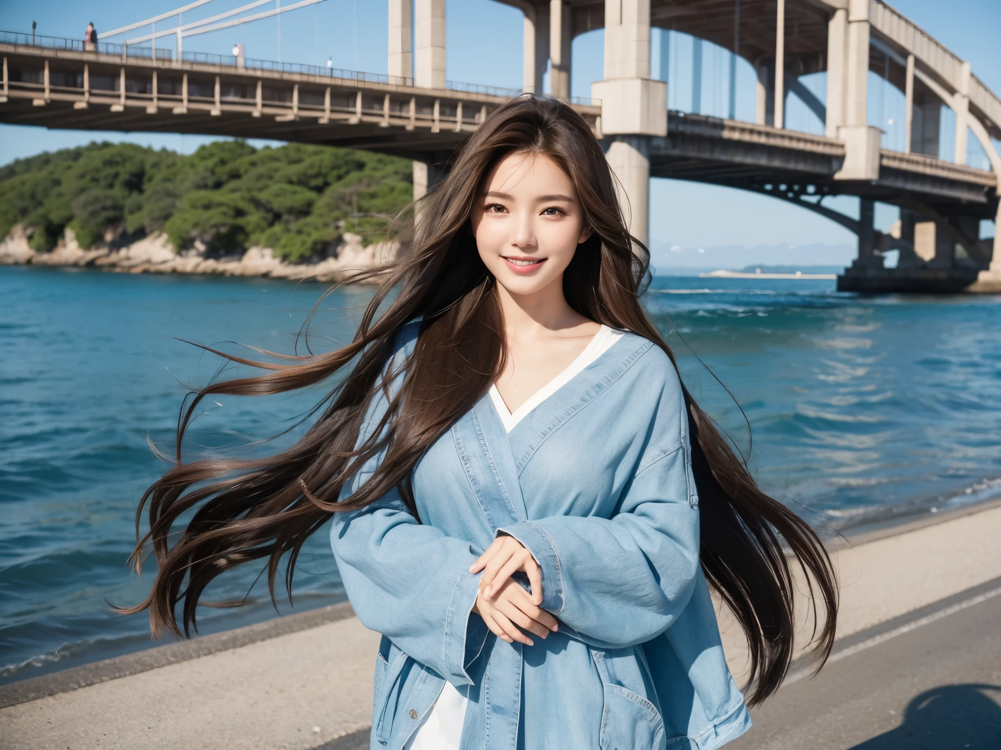 A woman with a beautiful and well-proportioned face
hair waving in the wind
(brown hair)
calm smile
G cup breasts
There is a big and long bridge
The blue sea spreads under the bridge
a car is passing
japanese woman