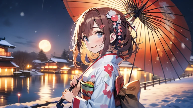 View the whole body,Waist-length hair,Reddish brown hair,Short Liuhai,blue eyes, blush:1.2, Japanese anime style,Low-cut Japan kimono,smile,Snowy Night,Looking at the moon under an umbrella