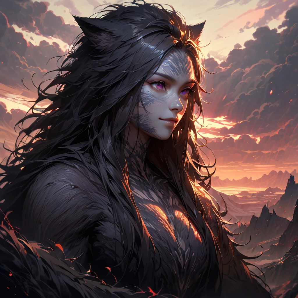 [Best Quality, Shaded, Extreme Detail, Highly Detailed, Ultra Detailed, Intricate, Realistic, Perfect Face, Full Body Portrait], Fenrir Woman, Thick Fur, Full Tail, Long Hair, (Black Color Fur), Eyes almond (dark purple color), discreet smile, serene face, animal clothing (a completely hairy humanoid body), [detailed landscape, harmonious color palette, striking contrast between light and darkness], apocalyptic landscape at sunset sun, sky with a few clouds.