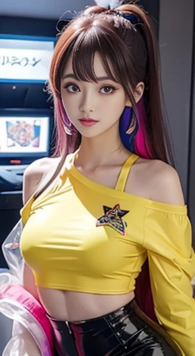 ((masterpiece)), highest quality, Absurd, Super detailed, Holographic, Cowboy Shot, Golden Ratio, Very cute girl, Mature Girls, idle girl, Super beautiful Asian girl with gorgeous purple eyes, Beautiful shiny brown multicolored hair, High Ponytail, nice and sexy body, The body is slim, Perfect body, Wearing a super tight anime print leotard, Super tight off-the-shoulder long sleeve crop top with anime print, Super beautiful transparent mini jacket, Beautiful hair ornaments, pink jordan tennis, Playing with my handsome nerdy skinny boyfriend, Black messy shiny hair, In a gacha machine