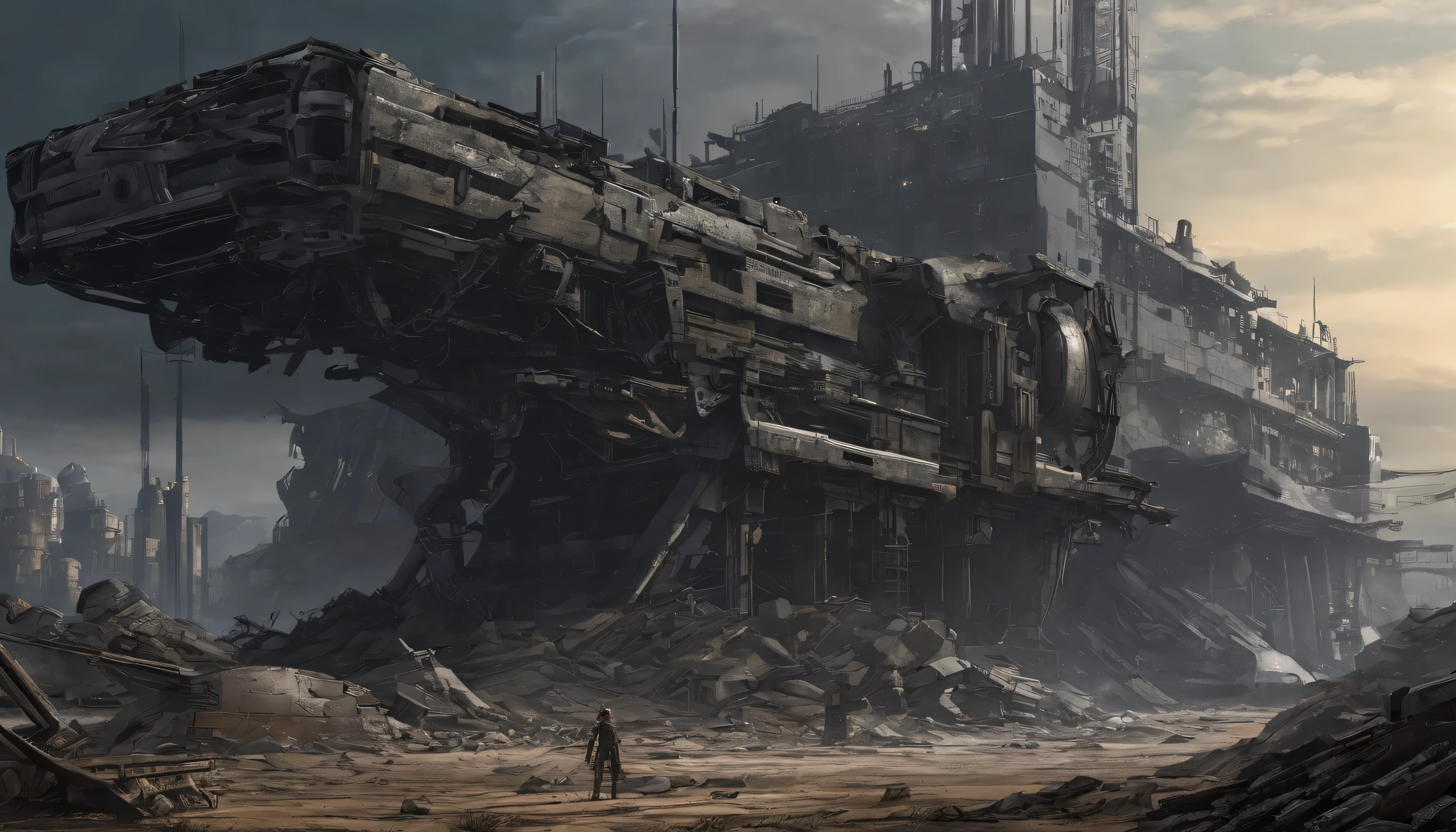 -A dark, moody sci-fi landscape featuring an android in a post-apocalyptic wasteland, surrounded by ruins and rubble, Gorgeous, hyper-realistic rendering of the character's mechanical body, concept art by Masamune Shirow and Moebius, Very detailed, atmosphere, 8k resolution.
