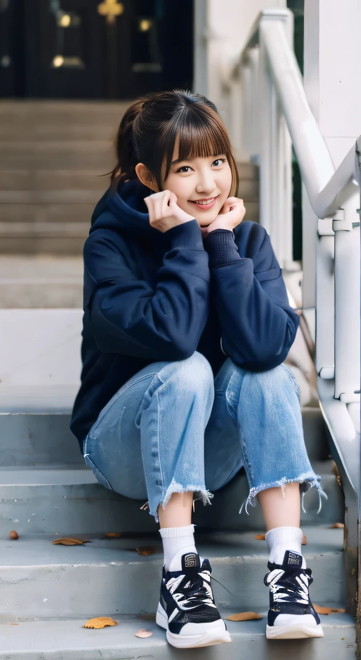 highest quality, Realistic, Very detailed, Finer details, High resolution, 8k wallpaper, One beautiful woman,Sit on the stairs、smile、、(Black socks) Oversized hoodie, Skinny jeans,( Black sneakers)、Black Hair、 Beautiful Bangs、ear piercing、Perfect dynamic composition, Beautiful and detailed, Full Body Shot, A big smile waiting to start