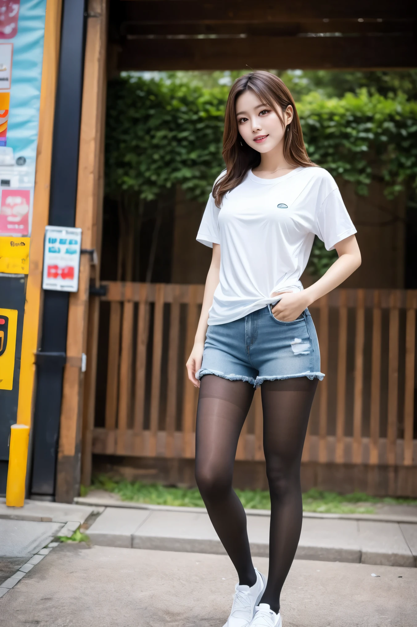Long wavy brown hair, Place both sides up, A sloppy white T-shirt, Denim shorts、Body-hugging shorts、(Ultra-realistic pantyhose:1.3), And colorful fluorescent sneakers, Casting a Spell, Modern Tokyo, highest quality, masterpiece, 1 girl, whole body, Very kind and beautiful girl, 8k wallpaper, Beautiful detailed sea green eye, Beautiful sparkle, Cinema Lighting