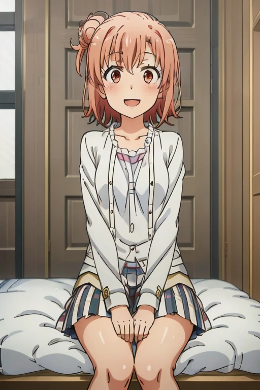 ((highest quality)), ((masterpiece)), (be familiar with), Perfect Face, indoor, Bedroom, Watching the audience,
One woman, Yuigahama Yui,
Open Mouth, Ecstatic expression, blush, smile,
Small breasts, Flat Chest, Young Girl, , , Girl,
Short Hair, Salmon-colored hair, Salmon-colored eyes, Side Pony,
Leg spread,