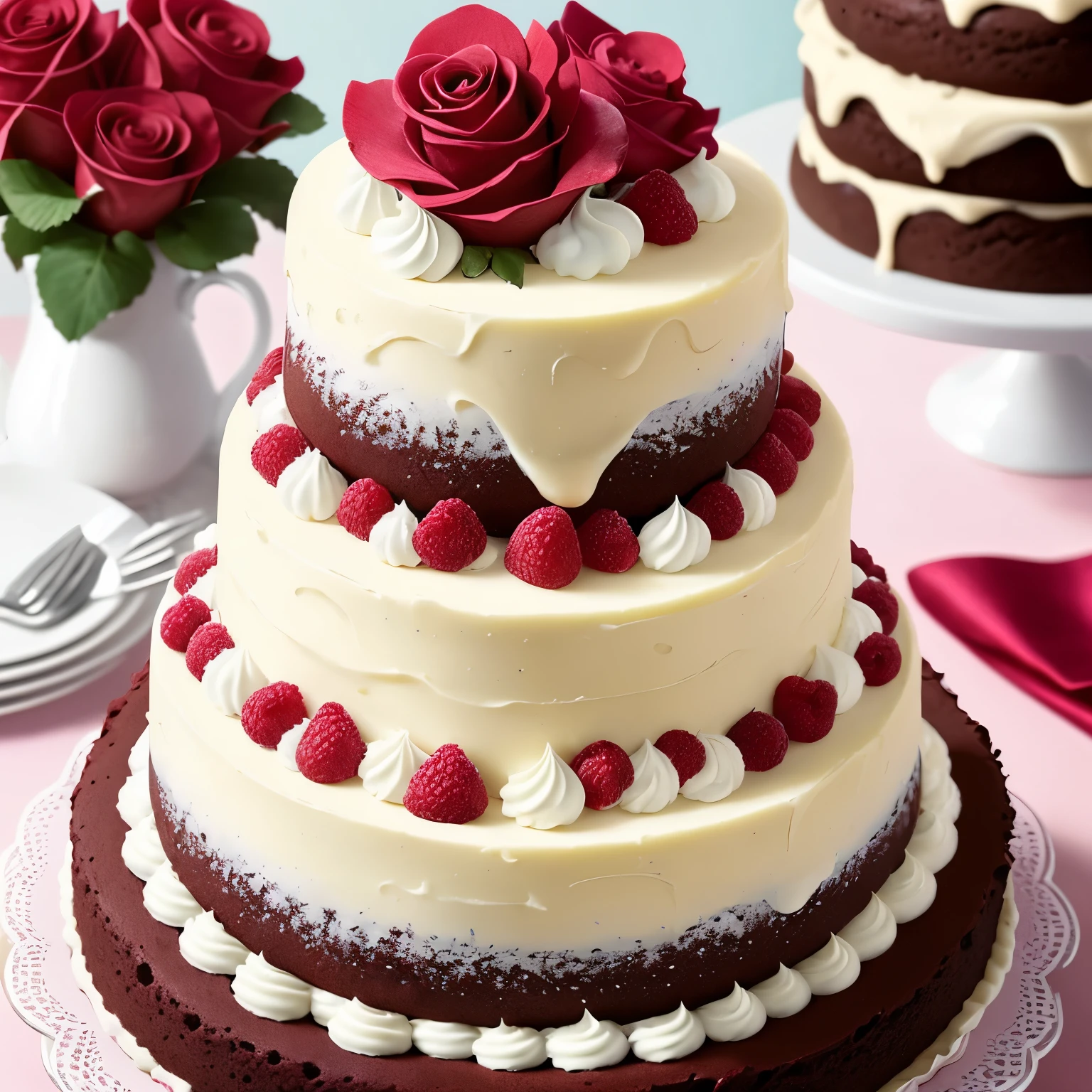 Introducing Lydia Campos' Mother's Day Cake Collection: A scrumptious assortment of tempting treats crafted with love and dedication, perfect for celebrating the special women in your life.

Feast your eyes on our exquisite, round vanilla cakes, generously topped with a luscious, cloud-like whipped cream frosting, drizzled with a zestful raspberry glaze. Each cake showcases a charming, edible rose adornment, adding an extra touch of elegance and sophistication.

Our delicious chocolate cakes boast a thick, velvety chocolate ganache frosting, embellished