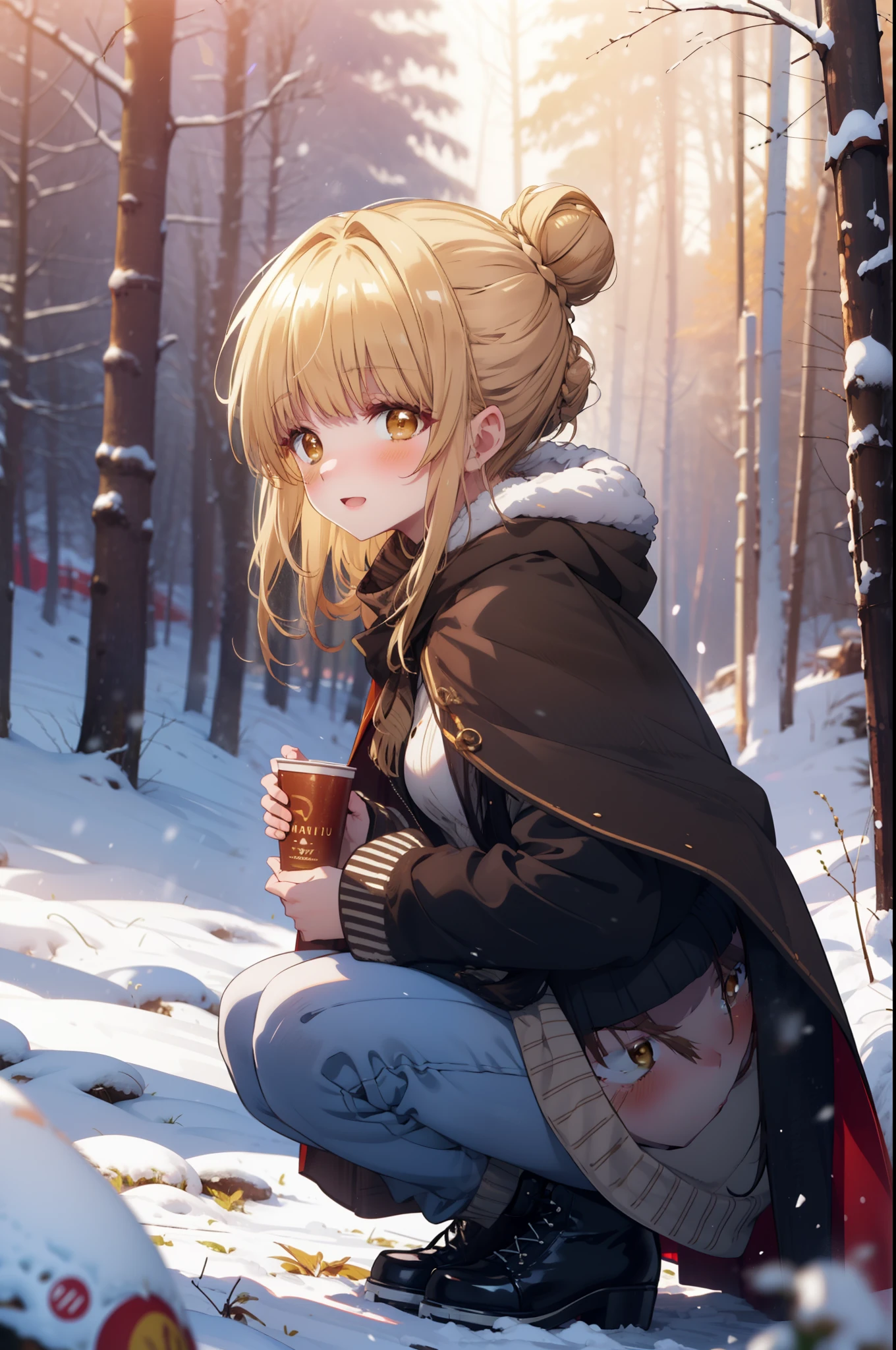 I am mahirushiina, Mahiru shiina, blonde, (Brown eyes:1.7), Long Hair, happy smile, smile, Open your mouth,Hair Bun, single Hair Bun,blush,White Breath,
Open your mouth,snow,Ground bonfire, Outdoor, boots, snowing, From the side, wood, suitcase, Cape, Blurred, Increase your meals, forest, White handbag, nature, Squat, Mouth closed, フードed Cape, winter, Written boundary depth, Black shoes, red Cape break looking at viewer, Upper Body, whole body, break Outdoor, forest, nature, break (masterpiece:1.2), highest quality, High resolution, unity 8k wallpaper, (shape:0.8), (Beautiful and beautiful eyes:1.6), Highly detailed face, Perfect lighting, Highly detailed CG, (Perfect hands, Perfect Anatomy),
