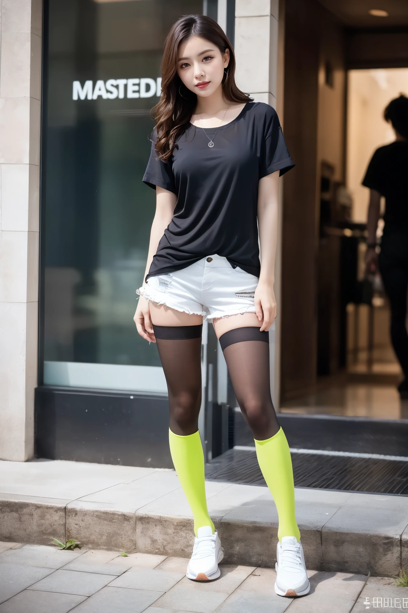 ulzzang-6500-v1.1, (Raw photo:1.2), (Photorealistic), (See-through:1.3), (Genuine:1.4), ((Full Body Shot:1.6))、Long wavy brown hair, Place both sides up, A sloppy white T-shirt, Denim shorts、Body-hugging shorts、(Ultra-realistic pantyhose:1.3), (And colorful fluorescent sneakers), Casting a Spell, Modern Tokyo, highest quality, masterpiece, 1 girl, Full Body Shot, Very kind and beautiful girl,  Beautiful sparkle, Huge file sizes, High resolution, Very detailed, highest quality, [masterpiece:1.6], An illustration, Very detailed, Ticker, Fine details, highest quality, 8k wallpaper, Cinema Lighting, Cute droopy eyes Beautiful big eyes、Pieck Finger, ((Mastepiece)), Best Quality, 1 Girl, Eyeshadow, Realistic skin texture、Shiny skin、Bare thighs!!! , Makeup、
