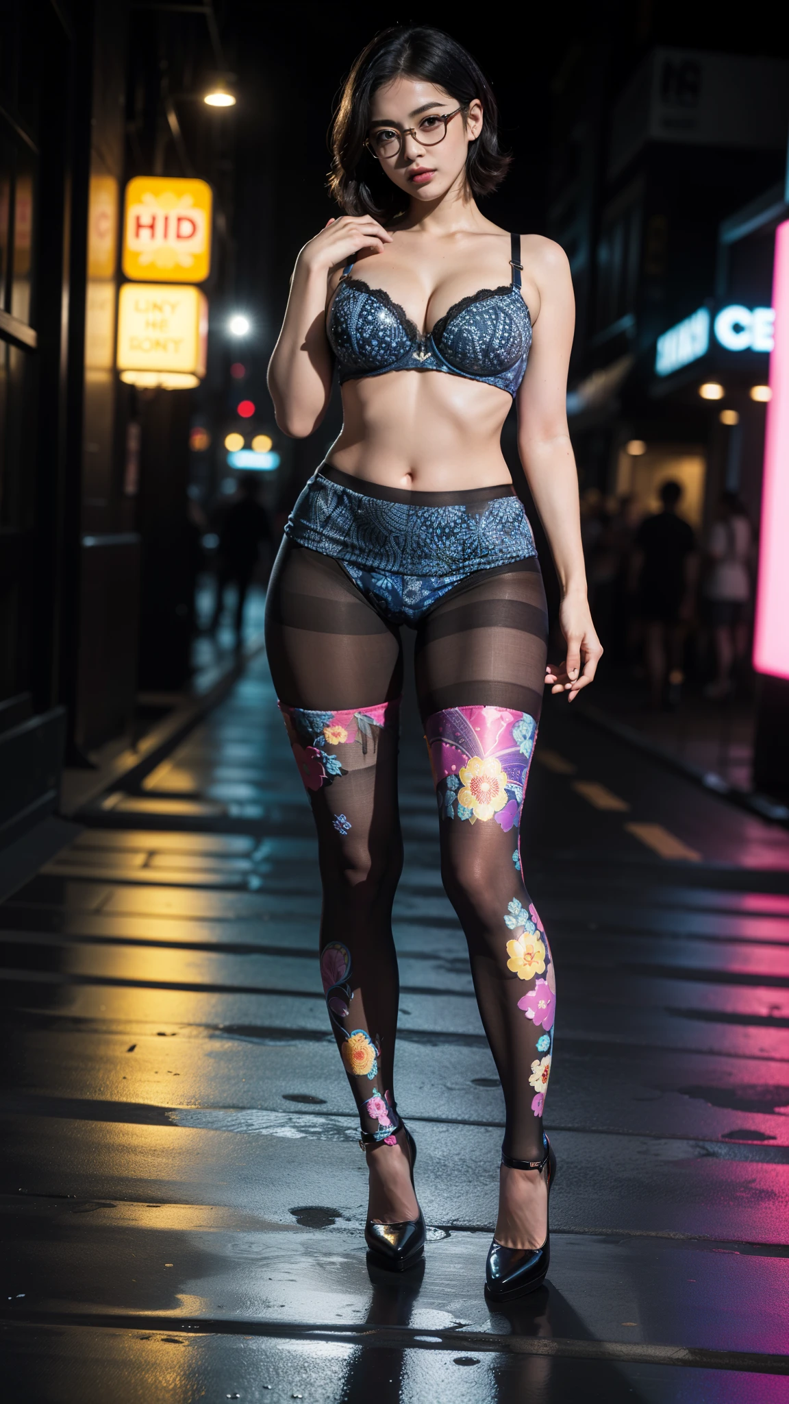 ,(full body:1.5)，(((only one girl)):1.4),(view the viewer:1.4)，((anatomy correct):1.45),(((dancing in the night club, Perfectly integrated background))):1.3),(she wears large glasses and Holding bra & pantie in her hand:1.2),(shy:1.15)，(stocking set):1.2),(((((((patterns)))))) ,((thick pantyhose)):1.3),(high heels leather shoes:1.1)，((Long legs and large chest):1.3),((((colorful))):1.4),(Accurate and perfect face:1.3),((black short hair):1.2)，hyper HD, Ray traching, reflective light， structurally correct, Award-Awarded, high detail, lighten shade contrast, Face lighting ，cinematic lighting, masterpiece, super detailing, high quality, high detail, best quality, 16k，High contrast,