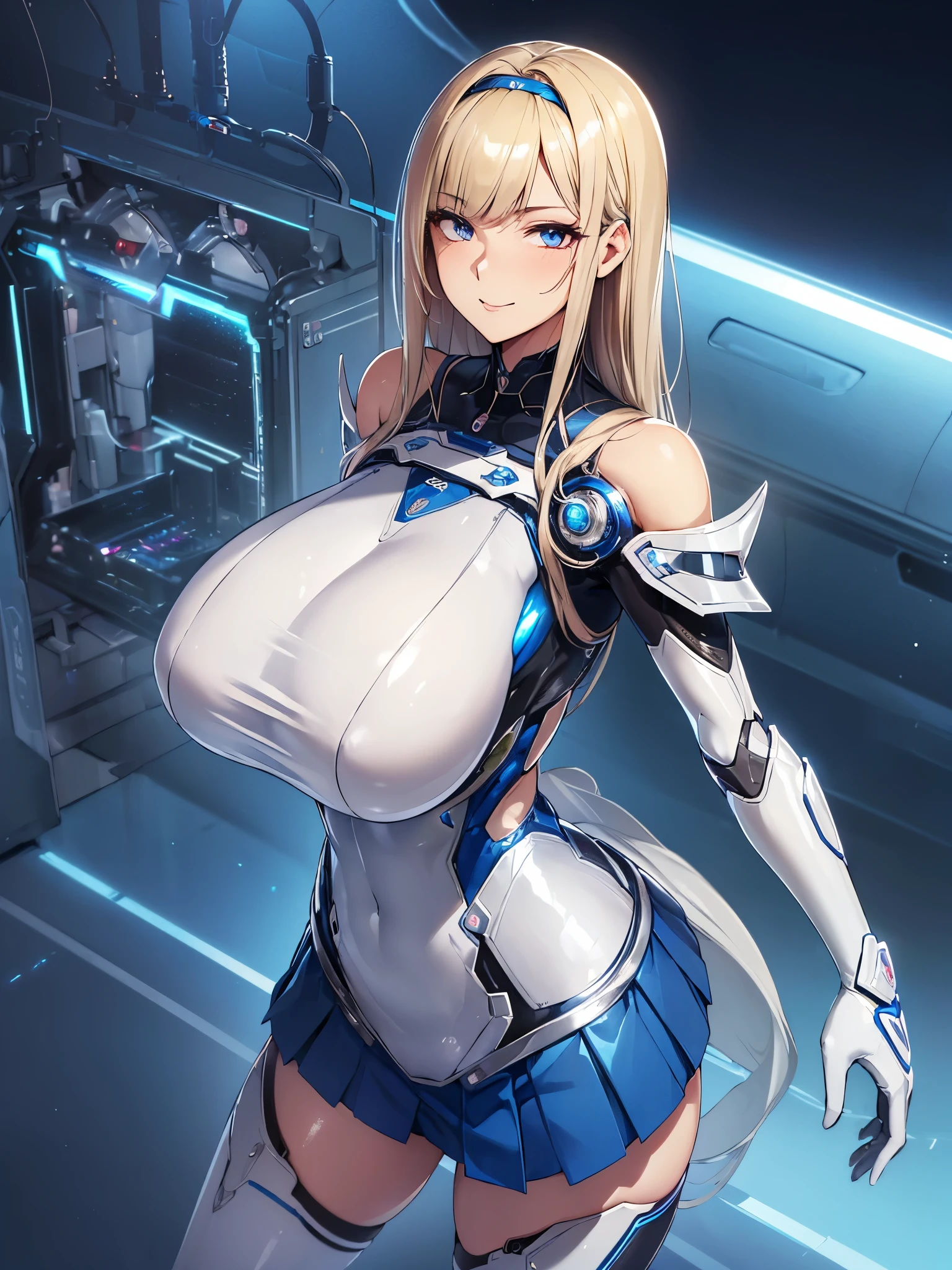 (((masterpiece))), (((best quality))), ((ultra-detailed)), (illustration), ((an extremely delicate and beautiful)), ((super detail)), ((high resolution)), (((20 years old))), metallic cloth, (nun), (android), delicate metal decorations, gleaming skin, shiny body, two legs, breast focus, (((tall))), slender legs, ((big round eyes)), cute eyes, drooping eyes, ((adult)), two hands, five fingers, no extra hands, elegant smile, braid, ((metallic blue)), (see-through), (dark blonde), (ultra-huge breasts), (shining brightly), outdoor, mini skirt, daytime, ((biopunk)), ((hair shorter than shoulder)), medium length hair, gynoid,