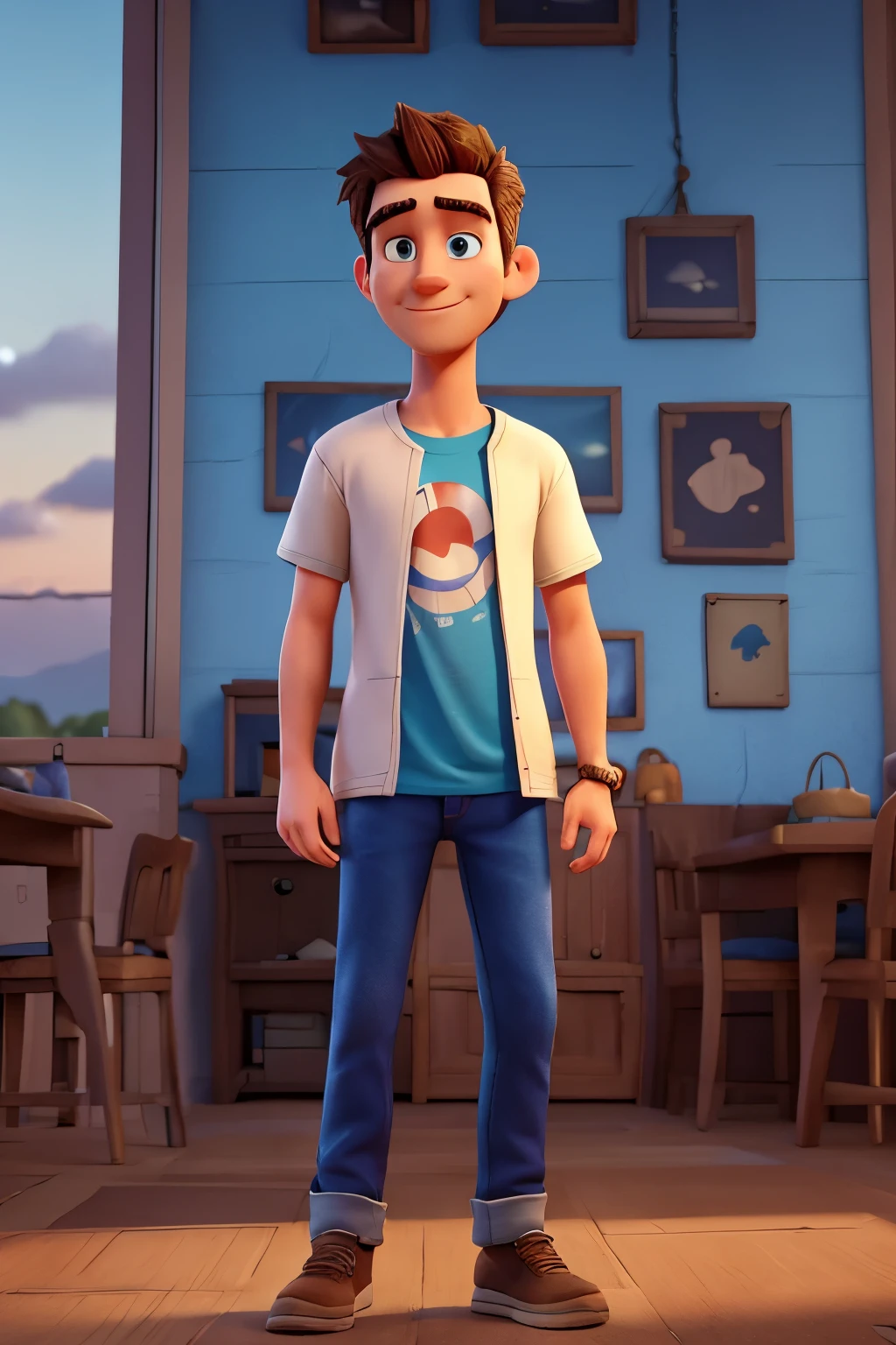 A cartoon character, a 3D model in 4k HD, stands with a tumbsup hand and engages in an animated conversation with someone off-frame. His bright, expressive eyes are fixed on his discussion partner, demonstrating deep engagement. The sun sets behind them, casting a warm, golden glow over the scene, while the cool blues of twilight tint the surroundings. The man's casual outfit, with a t-shirt and jeans, adds to the laid-back atmosphere. The intricate details of his 3D modeled features shine with high definition, making each line and texture stand out. The conversation between the two seems lighthearted and engaging, leaving you intrigued by the