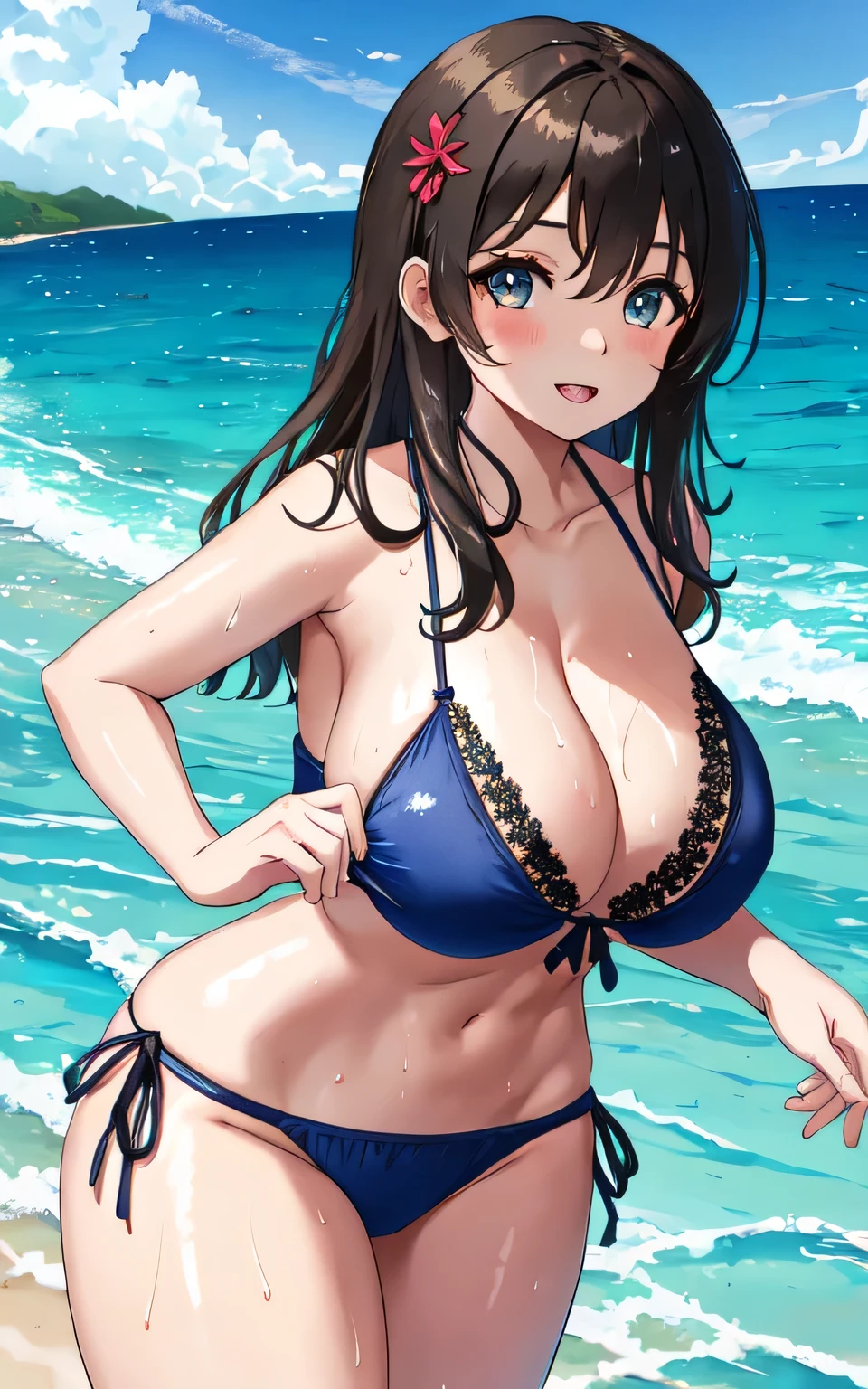 A 6 year old girl with huge breasts, wearing a lacy bikini swimming costume, on the beach, holding a man's penis in her hand, wearing a swim ring