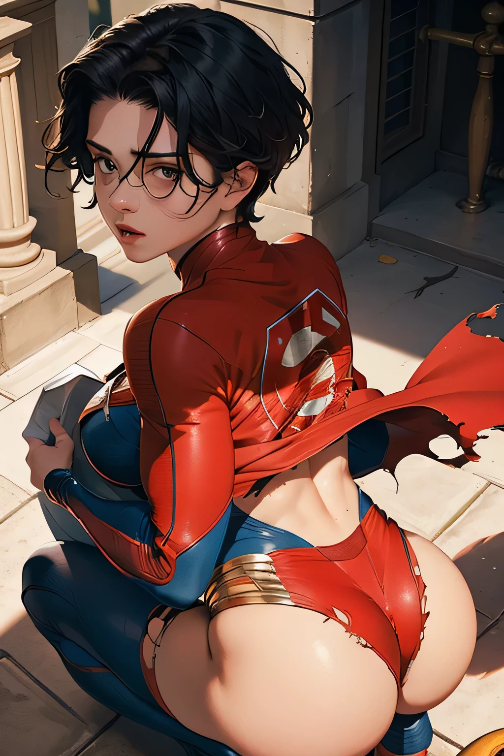 (masterpiece:1.3), (8k, Realistic, RAW Photos, highest quality: 1.4), Absurd, Charm, Ultra-high resolution, Ultra-realistic, Very detailed, Golden Ratio, (Realistic), (Best Shadow), Low contrast, (Complex:1.4), Side lighting, 8K, Beautiful Face, (Realistic Face), Beautiful hairstyle, Realistic eyes, Beautiful fine details, (Realistic Skin), Beautiful Skin, (One girl), ((Sasha Calle)), ((SUPER GIRL)), (Accurate hand and finger depiction), Supergirl Women, ((Red cloak)), (Black Hair, Handsome Short:1.3), (Kneeling, doggy style), (Sticking out her butt:1.1), (Opening her ass), (Large Breasts), glamorous, (Big Ass), (Torn Suit:1.3), (A look of shame:1.0), (Flushed), Sweat, (Earth from Space), full body, ((behind, Low-angle view from directly behind)), (Buttocks up:1.4)