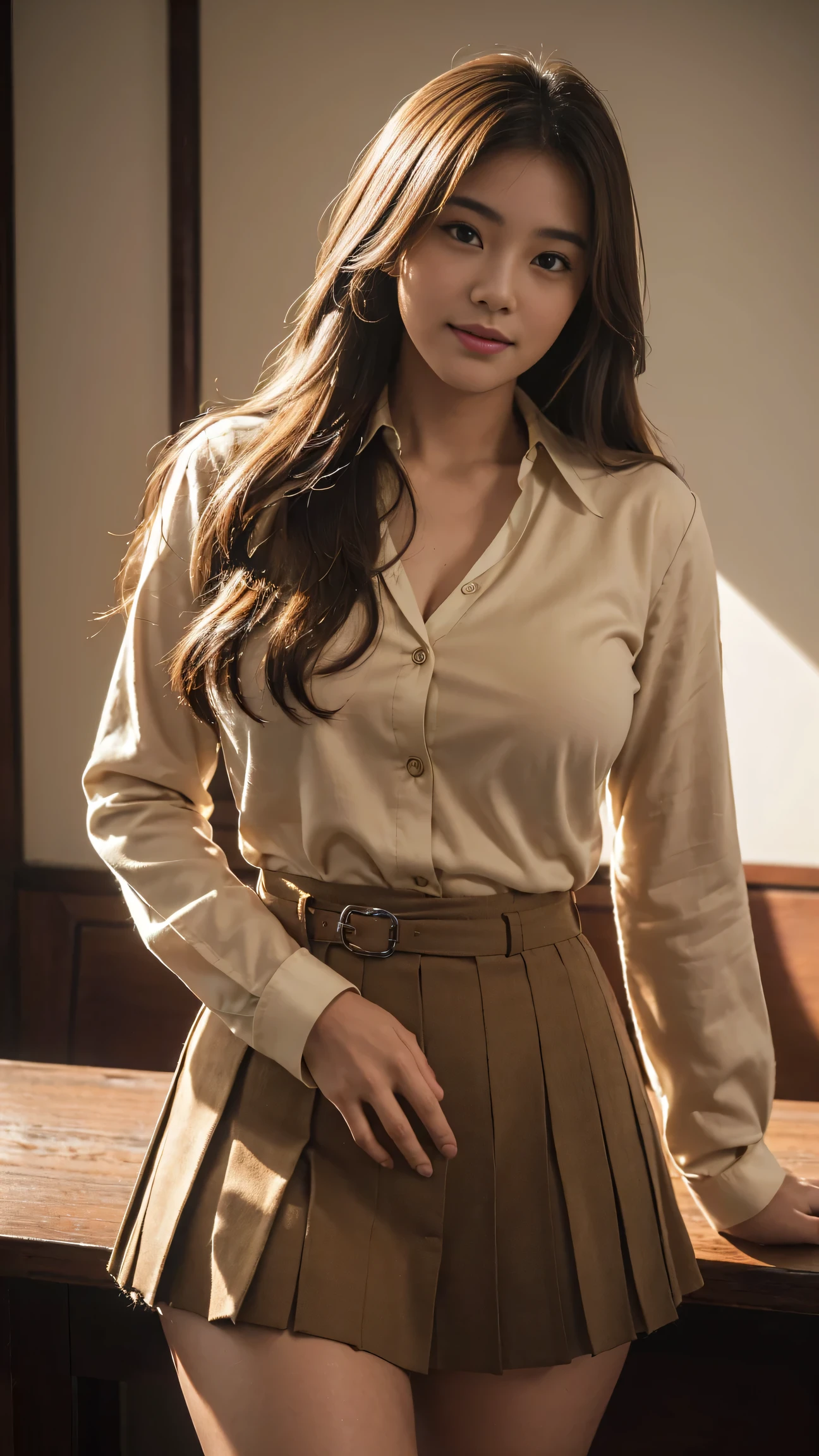 ((Beautiful girl from Japan:1.3))((High School Girl Uniform:1.4))((Brown-colored super long hair:1.2))((Loosely curled hair:1.2))((FULL BODYSHOT:1.7))((pantyshot:1.5))((highschool)),((Check tweed wrap skirt:1.3)) ((in class room:1.3)) ((Thick_textile:1.4)) ((Random sexy poses:1.3)) ((medium chest:1.1)) ((Brown silk blouse:1.4)),(((The buttons on the blouse are unbuttoned up to the second button)))((Arching the chest))((kindly smile:1.2))((close-up:1.2)) Best Quality,masutepiece,超A high resolution,(Photorealistic:1.4),Raw foto,(Authentic skin texture:1.3),(Film grain:1.3),the panorama,Character Portrait,Very Wide Shot,((big breasts thin waist:1.2)),Cowboy Shots,(Darkin, deepshadow, lowkey, cold light,) natta,(()),Streaming Tears,,Dust,Tindall Effect,(expressions),1girl in,beautiful detailed eyes and face,White Jabot,Brown eyes,