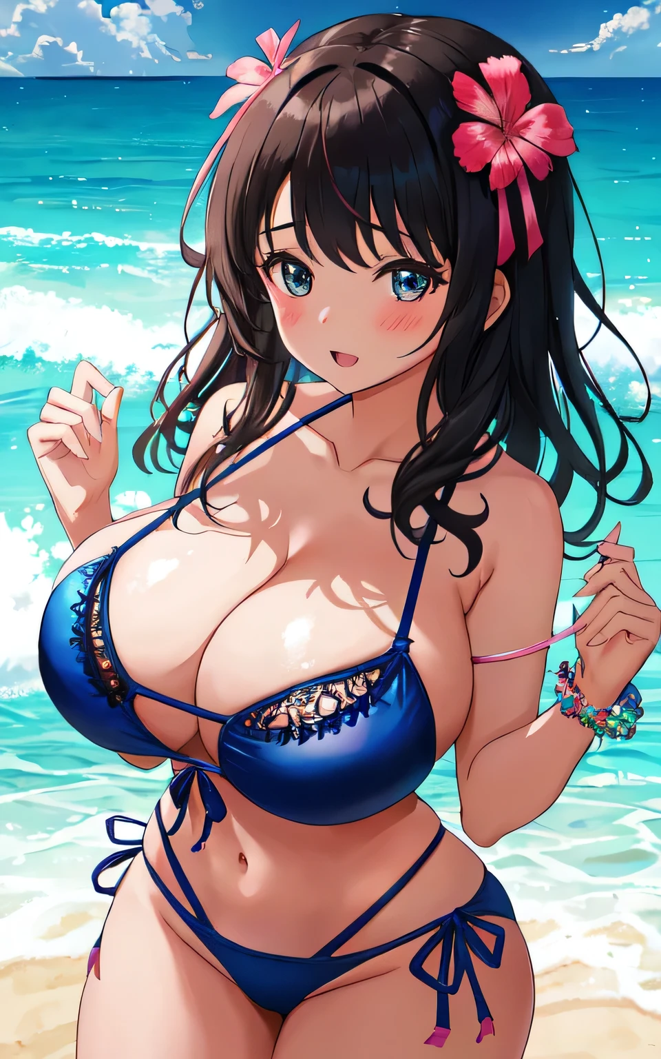 A 6 year old girl with huge breasts, wearing a lacy bikini swimming costume, on the beach, holding a man's penis in her hand, wearing a swim ring