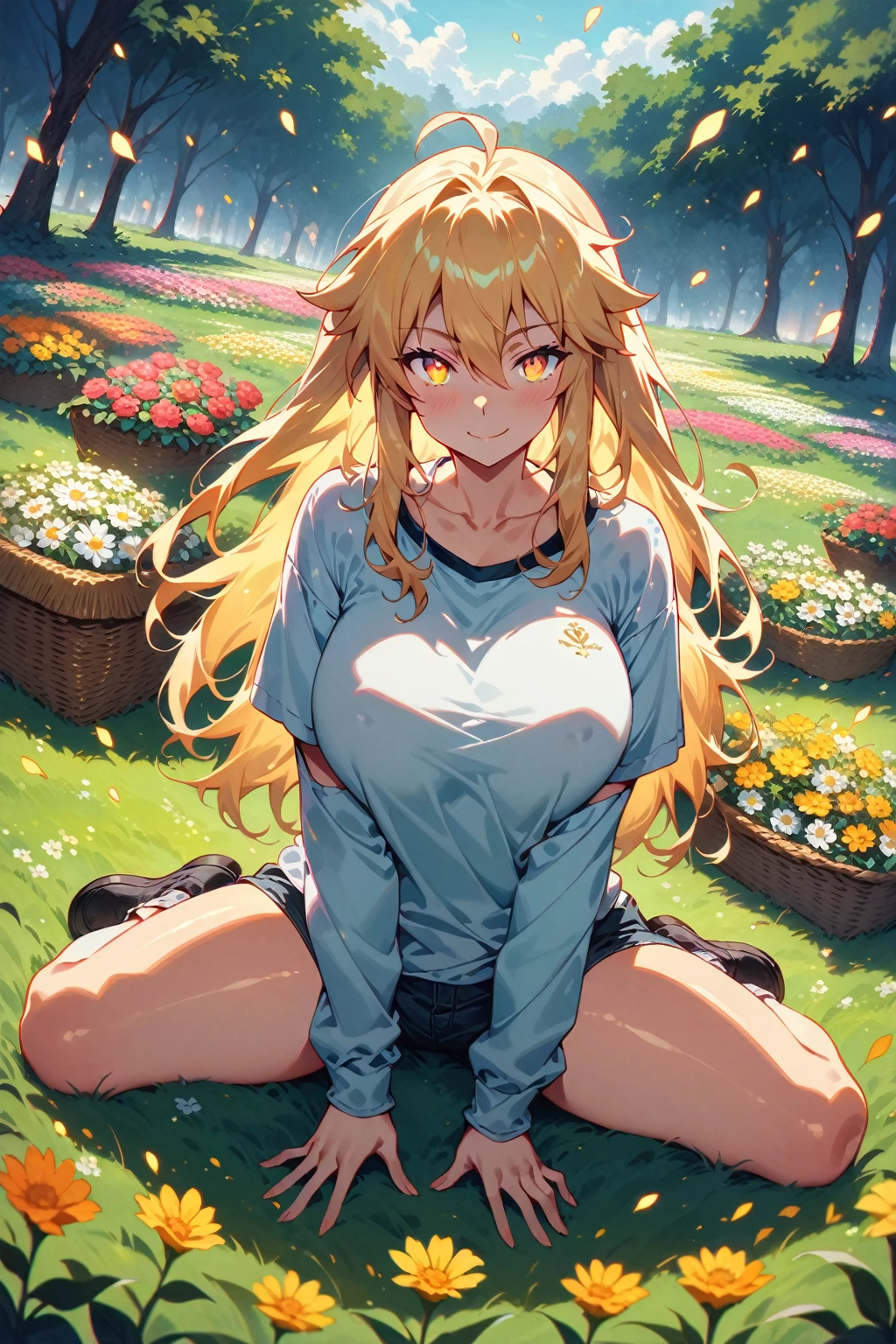 (masterpiece, bestquality, ultra-detailed, 8K high resolution, artstation on trending, Detailed Design, by lizette eisn:1.5), photorealistic, animescreencap:1.5, (1girl, fullbody, looking at viewer, front view, Contrapposto pose, sitting, wariza:1.5), (SLR shot, wide angle lens, dynamic perspective, bokeh, dynamic angle, dynamic idol shot, depth of field, cinematic lighting, wind, glowing dust flying, glowing bokeh light, emotional atmosphere, glowing background, shiny Specular, shiny highlights, shiny lighting, shiny skin, shiny body, shiny hair, oily skin, oily body, oily hair, steam, heat, Dispersion light reflection, prism light reflection, Many dispersion reflections, glowing eyes:1.5), (Artoria Pendragon (Lancer) \(fate grand order\):1.5), (extremely gigantic saggy breasts, covered impossible extremely gigantic hard puffy nipples), (slender-body, skinny, thin waist, pawg), (fullbody costumes, Casual clothes, short pants, pants thong, shirt:1.5), (Smiling happily, Well-behaved, pure), (picnic, Flower Garden, fantasy, eden:1.5),