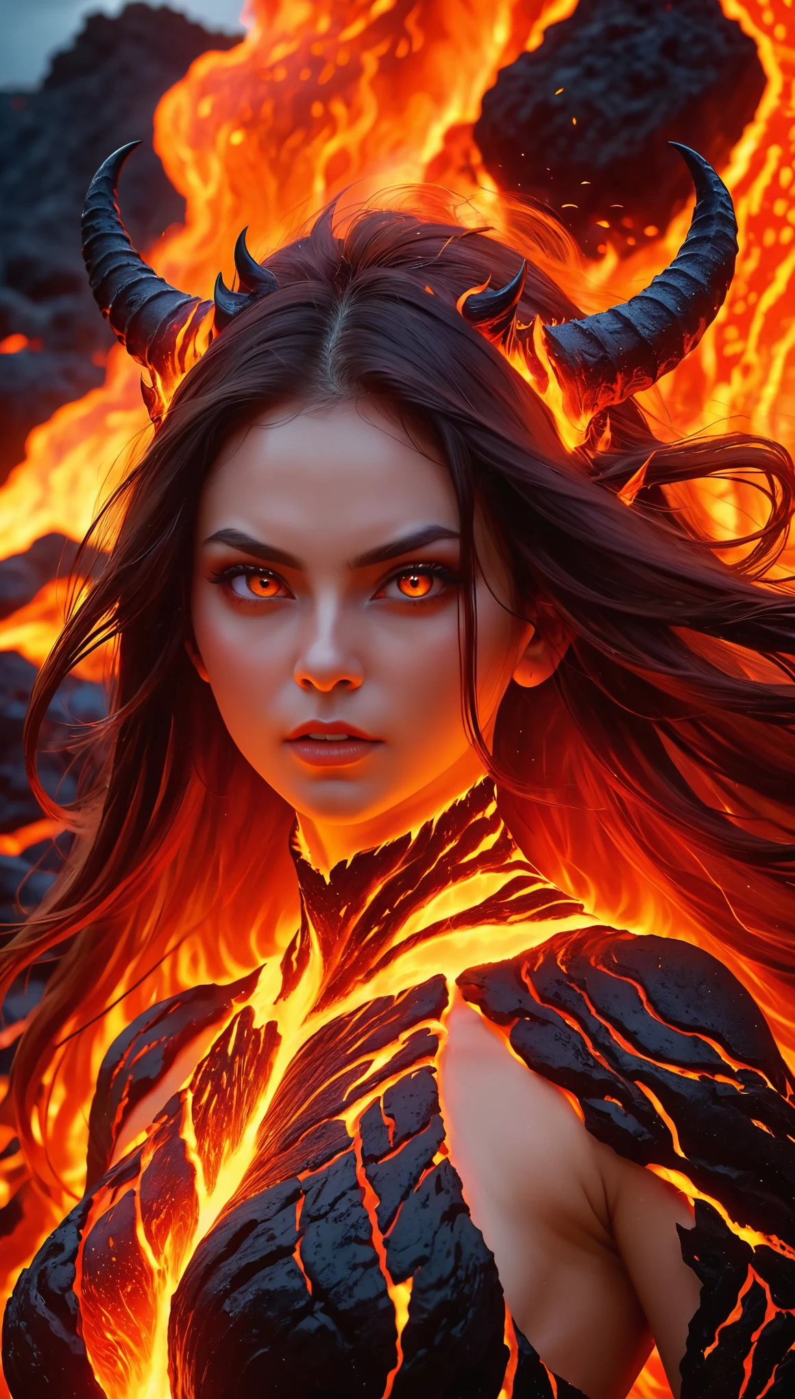 Beautiful mature female demon, horns, tail, cruel smile, red skin, sexy fetish armor, wreathed in fire, (fiery eyes:1.2), temptation, taking your soul, hellscape background, tortured souls, hordes of hell in the distance, (masterpiece), (photorealistic:1.4), RAW photo, best quality, high res, rich colors, backlight, bright sunlight, cinematic lighting, film grain, raw photo, 50mm lens, Nikon D850, warm colors