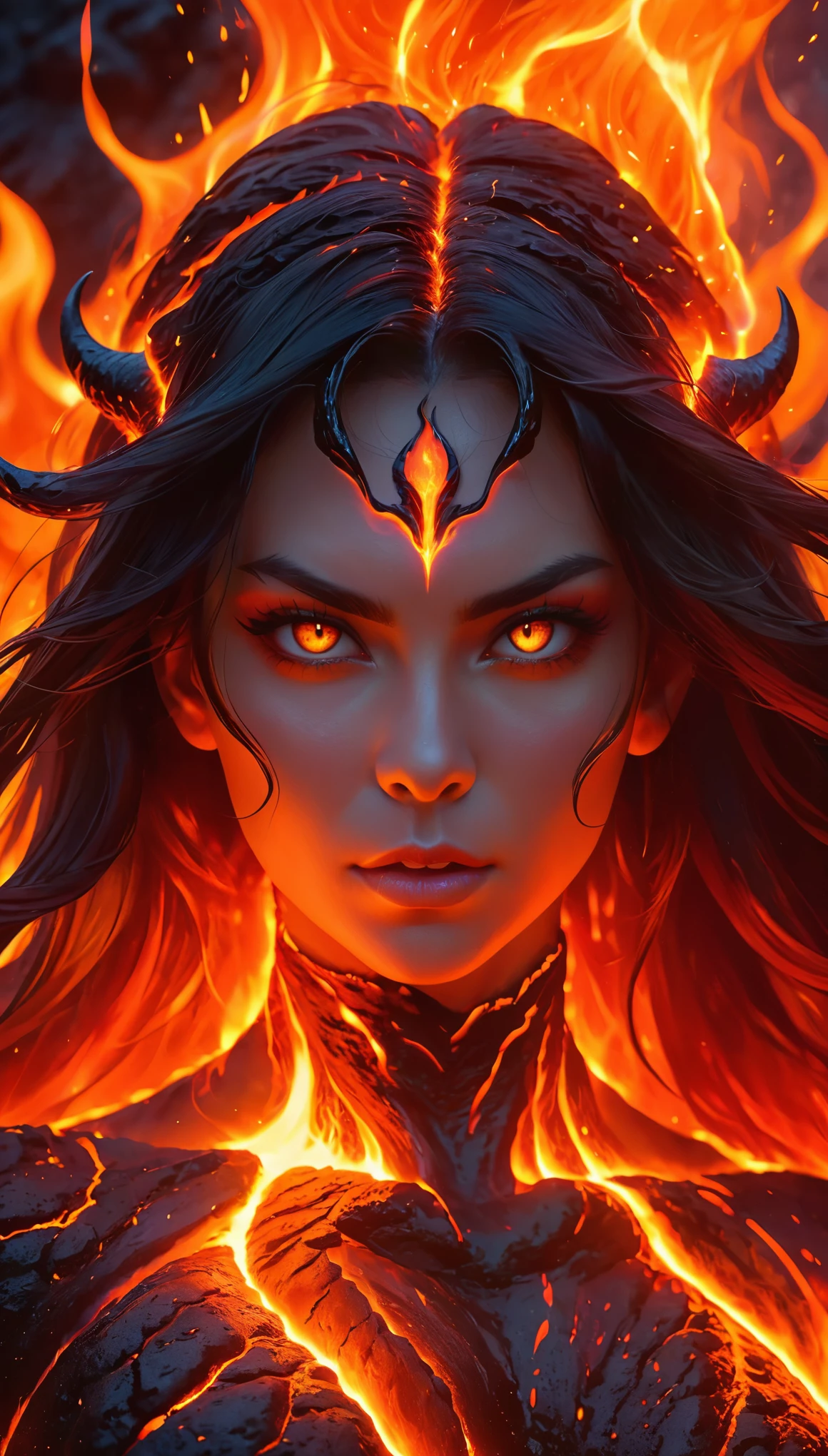 (best quality,absurdres), realistic, 8k, ultra-detailed, face medium close up, female lava demon, demonic beautiful woman face, beautiful demon eyes, little horns, dangerous look, fiery long hair, part of the hair blown by the wind scatters fiery sparks, part of the hair floats on the surface of the lava, immersed in  lava, swimming in lava, head and neck visible, body immersed in hot lava fire element, 