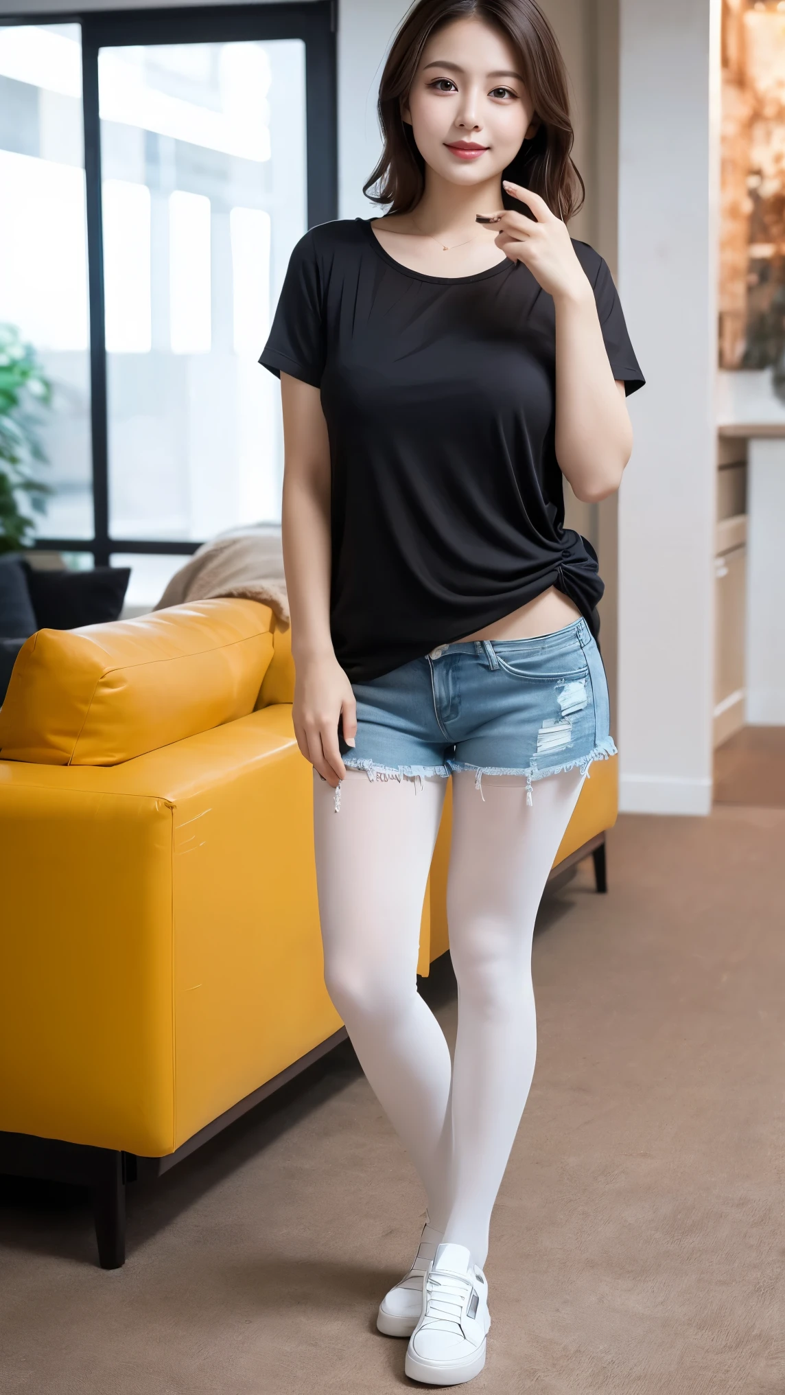ulzzang-6500-v1.1, (Raw photo:1.2), (Photorealistic), (See-through:1.3), (Genuine:1.4), ((Full Body Shot:1.6))、Long wavy silver hair, Place both sides up, A sloppy white T-shirt, Denim shorts、Body-hugging shorts、(Ultra-realistic pantyhose:1.3), (And colorful fluorescent sneakers), Casting a Spell, Modern Tokyo, highest quality, masterpiece, 1 girl, Full Body Shot, Very kind and beautiful girl,  Beautiful sparkle, Huge file sizes, High resolution, Very detailed, highest quality, [masterpiece:1.6], An illustration, Very detailed, Ticker, Fine details, highest quality, 8k wallpaper, Cinema Lighting, Cute droopy eyes Beautiful big eyes、Pieck Finger, ((Mastepiece)), Best Quality, 1 Girl, Eyeshadow, Realistic skin texture、Shiny skin、Bare thighs!!! , Makeup、
