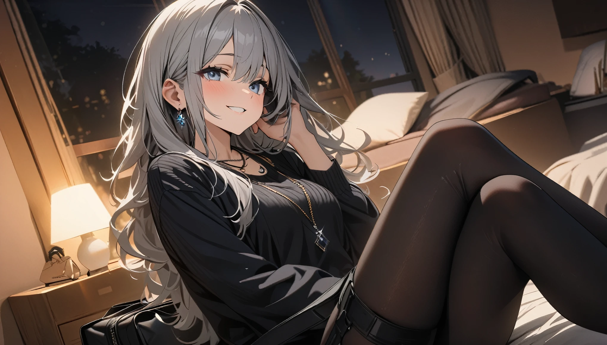 masterpiece, highest quality, Ultra-high resolution, Ultra-fine, 4K, 8k, highest quality, beautiful, Cute Woman, alone, (beautiful,Gray Hair, beautiful eyes, Long Hair, smile), Crossing your legs,Bedroom,night,necklace, Earrings, accessories, bag, Great lighting,Excellent resolution,, Audio Notes