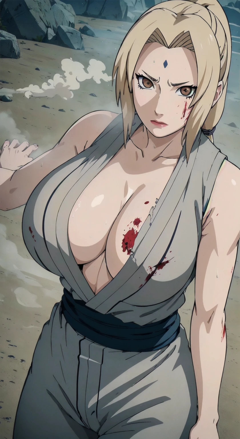 (masterpiece, highest quality:1.2), alone, One Girl, Tsunade Defense, Forehead mark, View your viewers、((Battle Scenes、Fighting Pose、Sweat、Sand smoke、Raw、Rocky area、pants、Sleeveless、Blood、 exposed、Torn clothes、Large areola、ponytail、chest))、Beautiful girl with beautiful details, Professional photography lighting, Highly detailed eyes and face, Beautiful eyes in every detail、Beautiful detailed hair, Beautiful and exquisite cold face、anime