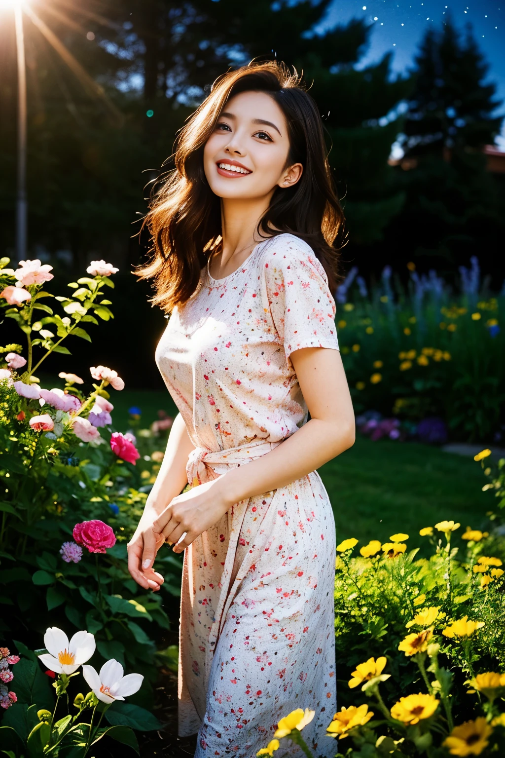 (masterpiece:1.2),1girl,pale_skin,realistic skin,long leg,standing,floral print t-shirt with a mix of blooming flowers,huge breast,long hair,wavy_hair,brown hair,(looking away),grin,shiny_lips,eyelashes,make-up,a garden of ethereal beauty flourishes,within a celestial realm,cinematic lighting,