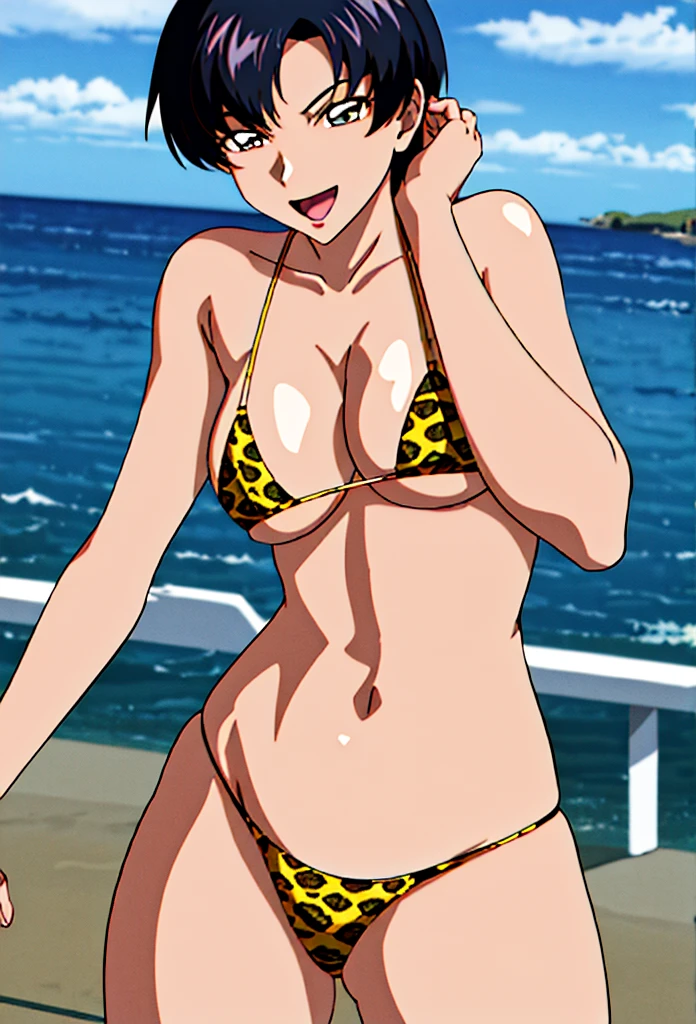 , (masterpiece, 4K, highest quality, Detailed face, Lovely, Ocean,Bold Line, High resolution, anime, Lake 4. alone, Curvaceous, Thighs, Cleavage, Mid-chest, smile, Please open your mouth wide, Very slim belly, Cowboy Shot,Leopard print micro bikini,1 girl、Aqua Eye,Blue Hair,short hair,,(Very detailed),(90年代anime,90年代anime,90年代anime style,セル画anime),Beautiful Face, , Impressive visuals,(((beach))'