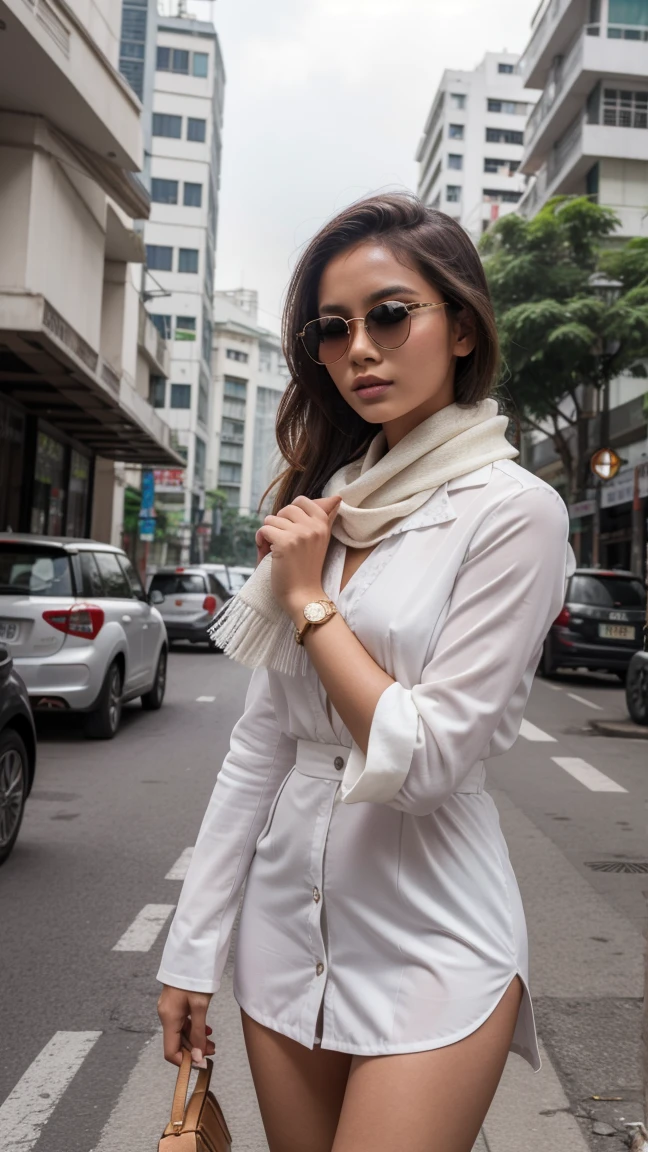 Gorgeous woman, twenty five years old, Indonesian, she is a top model, stylish, fashionable, unique modeling pose, white scarf paired with white mini tunic, sun glasses, Jakarta city downtown