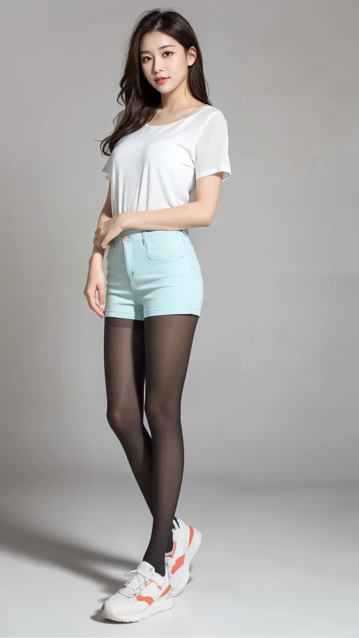 ulzzang-6500-v1.1, (Raw photo:1.2), (Photorealistic), (See-through:1.3), (Genuine:1.4), ((Full Body Shot:1.6))、Long wavy silver hair, Place both sides up, A sloppy white T-shirt, Denim shorts、Body-hugging shorts、(Ultra-realistic pantyhose:1.3), (And colorful fluorescent sneakers), Casting a Spell, Modern Tokyo, highest quality, masterpiece, 1 girl, Full Body Shot, Very kind and beautiful girl,  Beautiful sparkle, Huge file sizes, High resolution, Very detailed, highest quality, [masterpiece:1.6], An illustration, Very detailed, Ticker, Fine details, highest quality, 8k wallpaper, Cinema Lighting, Cute droopy eyes Beautiful big eyes、Pieck Finger, ((Mastepiece)), Best Quality, 1 Girl, Eyeshadow, Realistic skin texture、Shiny skin、Bare thighs!!! , Makeup、
