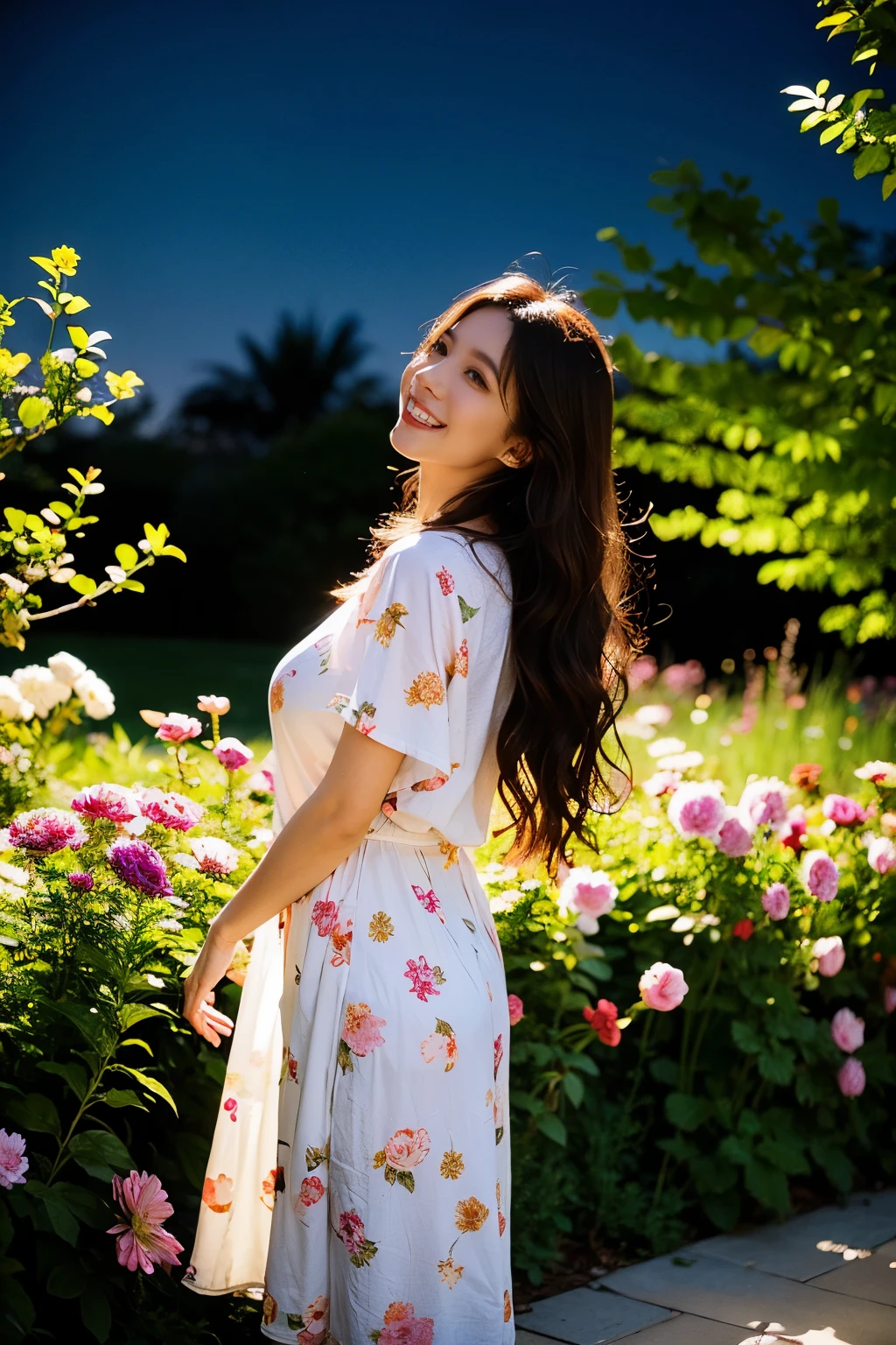 (masterpiece:1.2),1girl,pale_skin,realistic skin,long leg,standing,floral print t-shirt with a mix of blooming flowers,huge breast,long hair,wavy_hair,brown hair,(looking away),grin,shiny_lips,eyelashes,make-up,a garden of ethereal beauty flourishes,within a celestial realm,cinematic lighting,