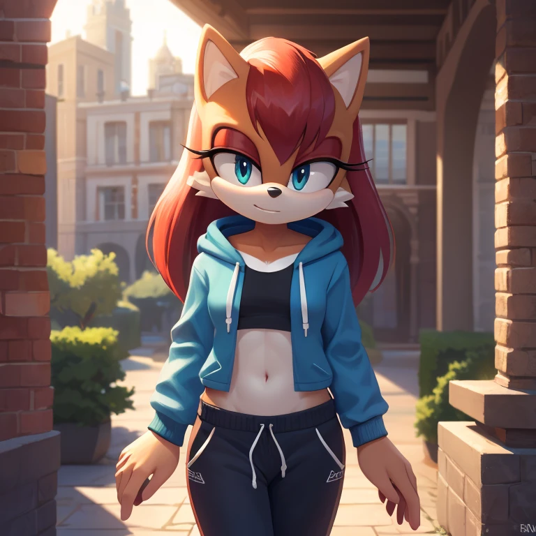 sonic_(series), sally acorn, (((mobian))), ((thin body, skinny figure)), (red hair, wavy bangs, long hair), ((blue eyes, aqua eyelids)), (blue hoodie,black shirt, black trackpant ), beautiful, pretty, cute, masterpiece, 4k, high quality, studio quality, detailed, insanely detailed, extreme detail, refined detail, perfect detail, max detail ,