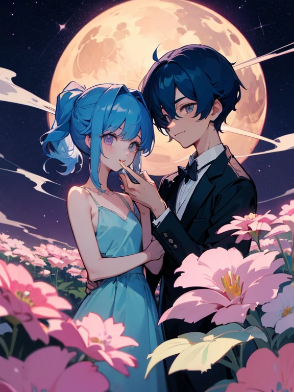 cartoon of two men standing close together, ddlc, in the art style of 8 0 s anime, 9 0 s anime style, 90s anime style, in anime style, in an anime style, anime aesthetic, anime vibes, 9 0 s anime aesthetic, 9 0 s anime art style, two lofi men, beautiful background outside, background at night with stars and a moon, fairy lights, beautiful background in a floral garden with fairy lights at night, two cute men, beautiful faces, two men, don't extra hands, NO extra hands, generate two men with NO extra hands, NO extra arm, the two men has a short hairstyle, one man has blue hair, the other man has black hair, pretty faces, two cute pretty smoking dress, with amazing smile, the two men has a pretty smile,