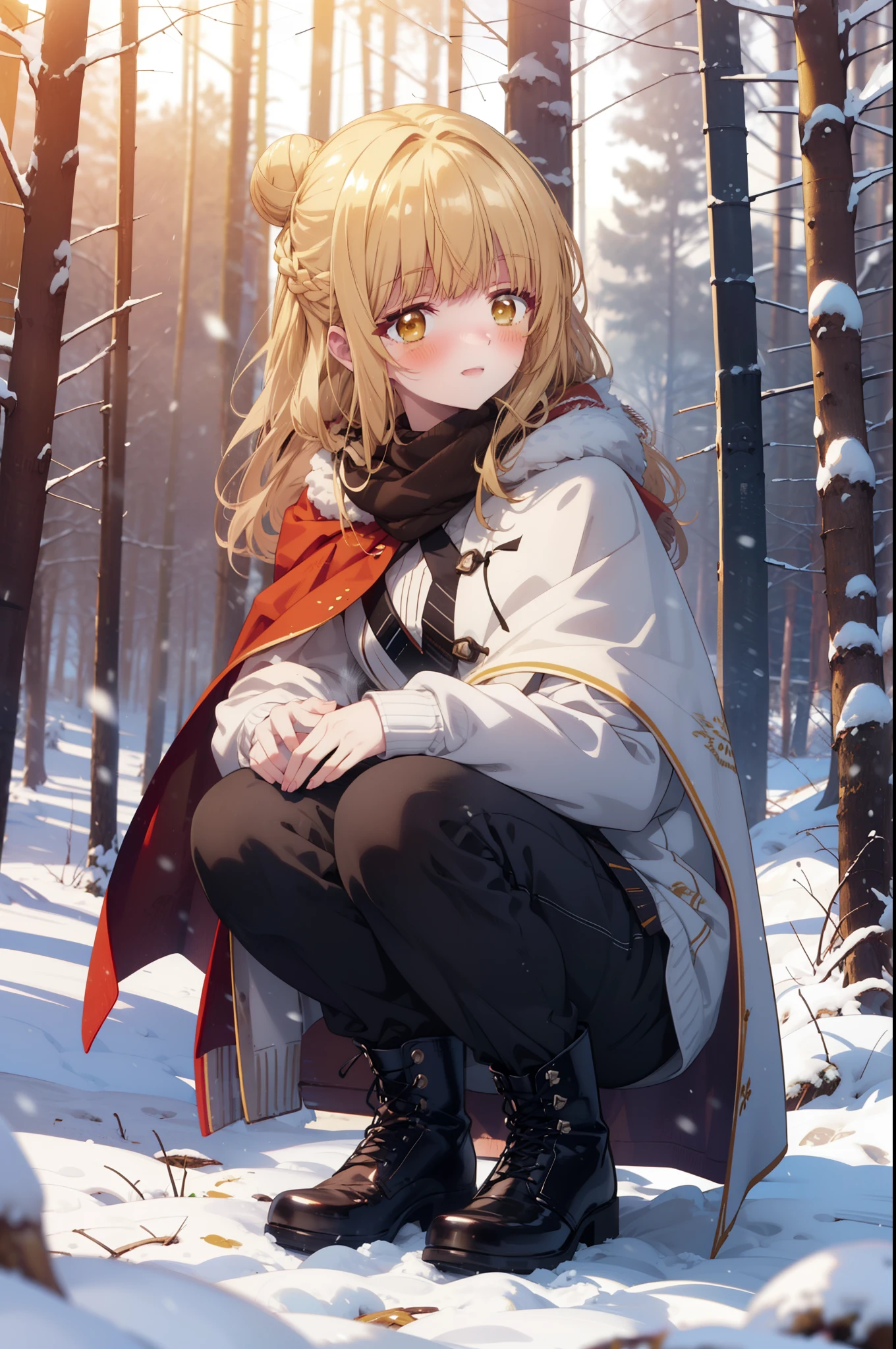 I am mahirushiina, Mahiru shiina, blonde, (Brown eyes:1.7), Long Hair, happy smile, smile, Open your mouth,Hair Bun, single Hair Bun,blush,White Breath,
Open your mouth,snow,Ground bonfire, Outdoor, boots, snowing, From the side, wood, suitcase, Cape, Blurred, Increase your meals, forest, White handbag, nature,  Squat, Mouth closed, フードed Cape, winter, Written boundary depth, Black shoes, red Cape break looking at viewer, Upper Body, whole body, break Outdoor, forest, nature, break (masterpiece:1.2), highest quality, High resolution, unity 8k wallpaper, (shape:0.8), (Beautiful and beautiful eyes:1.6), Highly detailed face, Perfect lighting, Highly detailed CG, (Perfect hands, Perfect Anatomy),