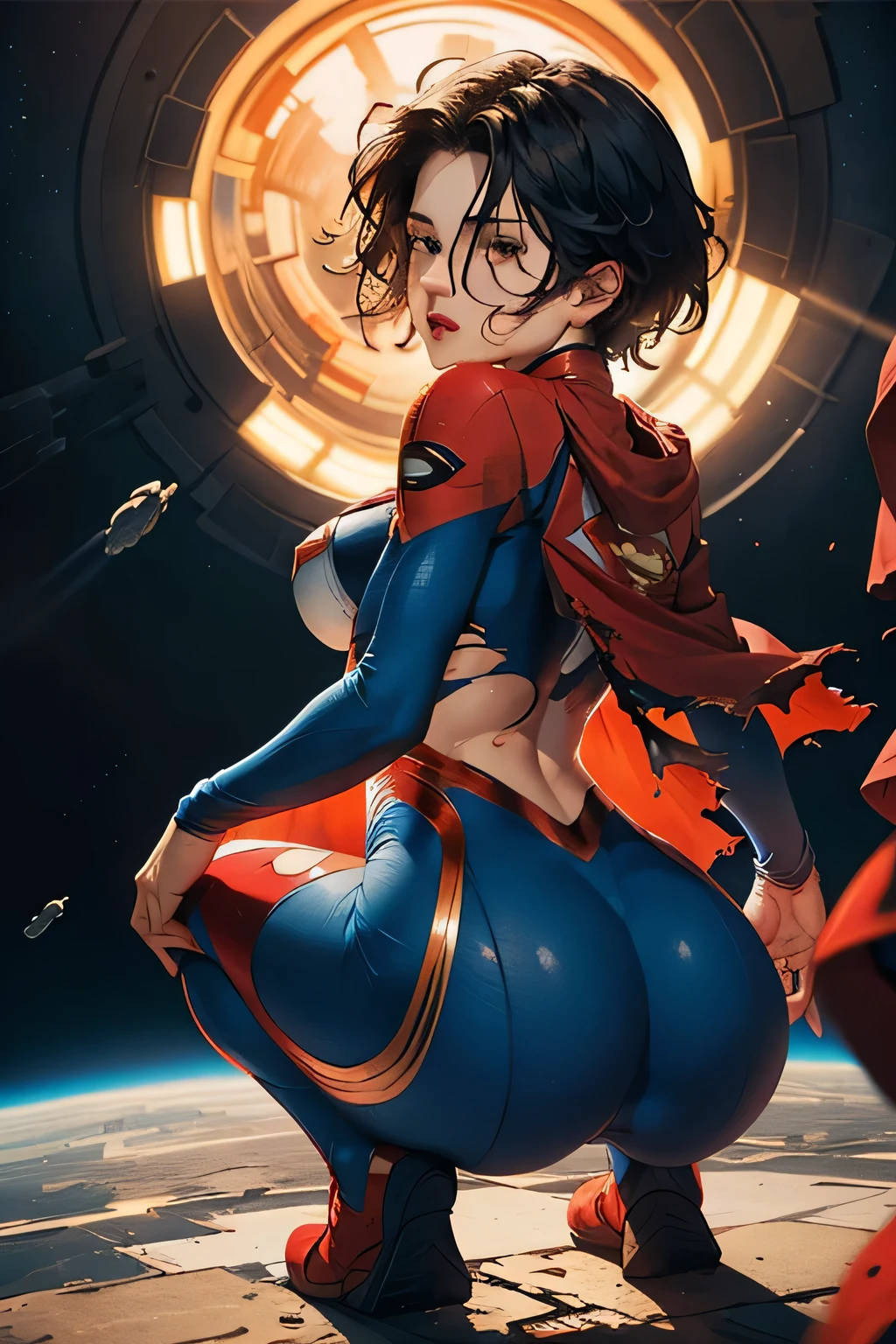 (masterpiece:1.3), (8k, Realistic, RAW Photos, highest quality: 1.4), Absurd, Charm, Ultra-high resolution, Ultra-realistic, Very detailed, Golden Ratio, (Realistic), (Best Shadow), Low contrast, (Complex:1.4), Side lighting, 8K, Beautiful Face, (Realistic Face), Beautiful hairstyle, Realistic eyes, Beautiful fine details, (Realistic Skin), Beautiful Skin, (One girl), ((Sasha Calle)), ((SUPER GIRL)), (Accurate hand and finger depiction), Supergirl Women, ((Red cloak)), (Black Hair, Handsome Short:1.3), (Kneeling, doggy style), (Sticking out her butt:1.1), (Opening her ass), (Large Breasts), glamorous, (Big Ass), (Torn Suit:1.3), (A look of shame:1.0), (Flushed), Sweat, (Earth from Space), full body, ((behind, Low-angle view from directly behind)), (Buttocks up:1.4)