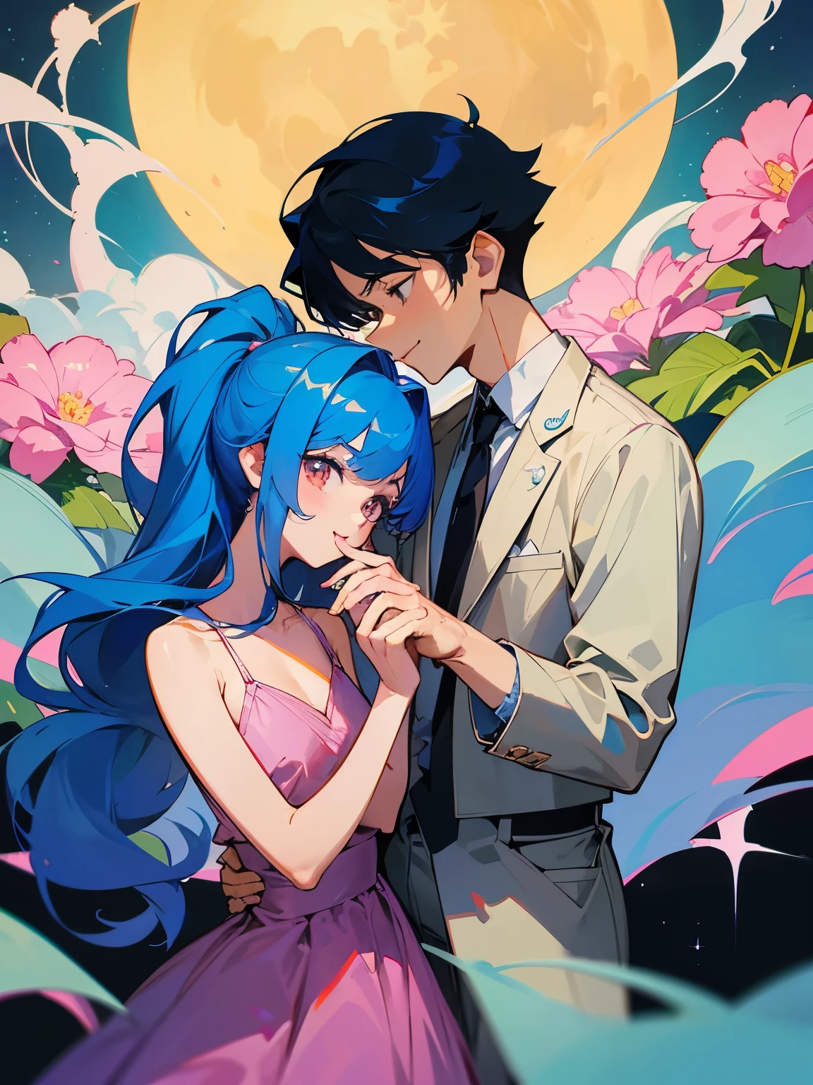 cartoon of two men standing close together, ddlc, in the art style of 8 0 s anime, 9 0 s anime style, 90s anime style, in anime style, in an anime style, anime aesthetic, anime vibes, 9 0 s anime aesthetic, 9 0 s anime art style, two lofi men, beautiful background outside, background at night with stars and a moon, fairy lights, beautiful background in a floral garden with fairy lights at night, two cute men, beautiful faces, two men, don't extra hands, NO extra hands, generate two men with NO extra hands, NO extra arm, the two men has a short hairstyle, one man has blue hair, the other man has black hair, pretty faces, two cute pretty smoking dress, with amazing smile, the two men has a pretty smile,