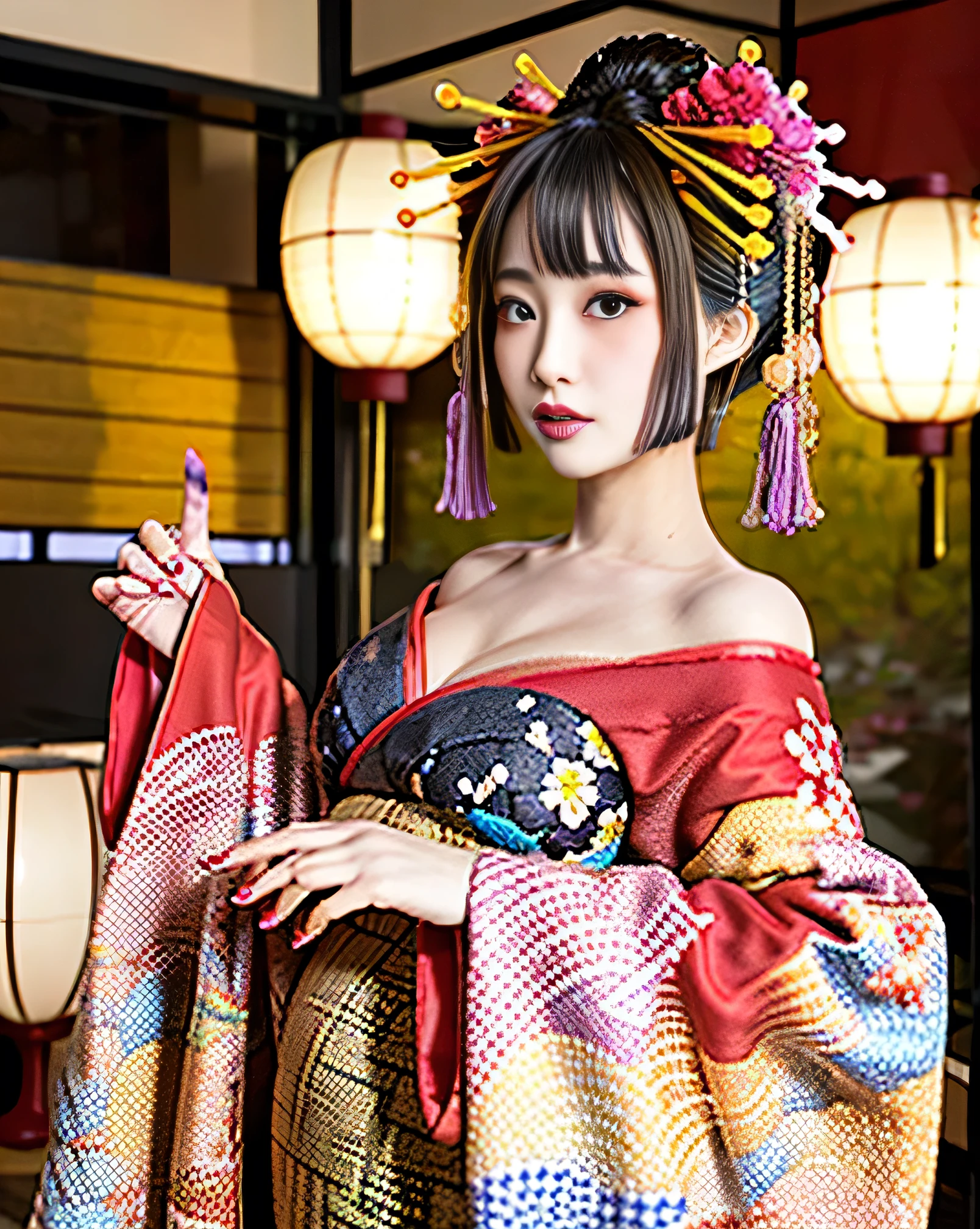 4k, masterpiece, High resolution, confused,Natural volumetric lighting and best shadows, 笑face,deep i is written in the depth of the world,soft delicate beautiful attractive face, beautiful edge courtesan_woman, a woman in a kimono posing for a picture ,Oiran with a perfect edge_face,Oiran with a perfect edge_body,edgOiran_compensate,edgOiran_hairstyle、NSFW、Overweight, Extremely fat, ((Chubby))