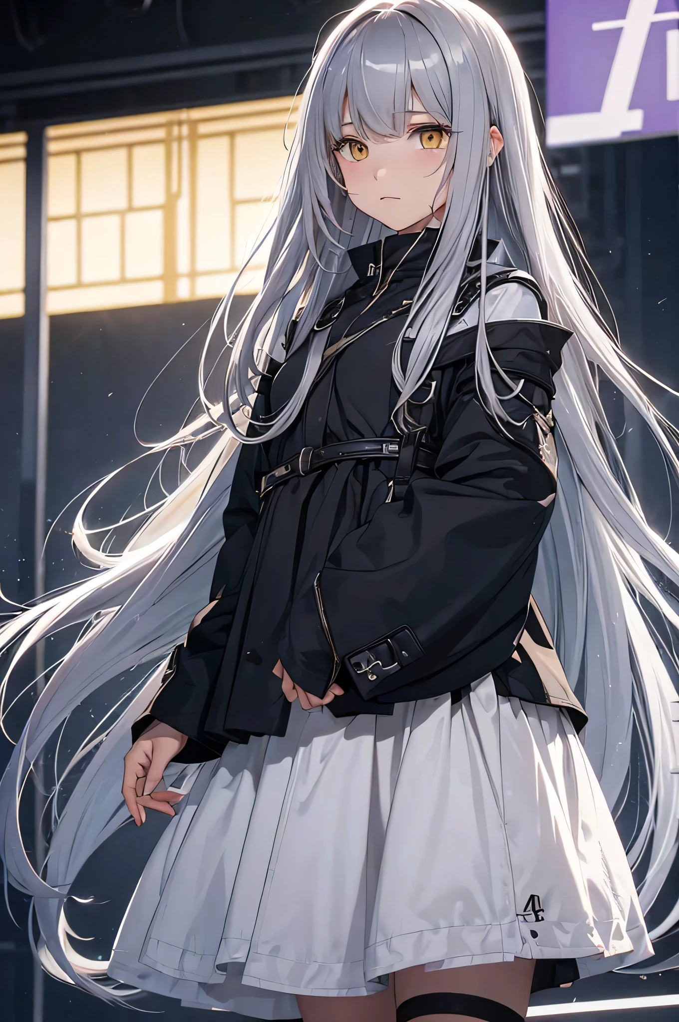 solo、(((14 Talents)))、Dark silver long hair、Yellow Eyes、Bangs falling apart、(((Don't part your bangs, keep them straight)))、Fine hair、Yellow Eyes、、(Black shoulder-baring clothing)、(White mini skirt)、(((Vampire)))、(((Bat-like wings)))、(((Flying in the sky)))、(White Pantyhose)、(Black long boots)、night、full moon、