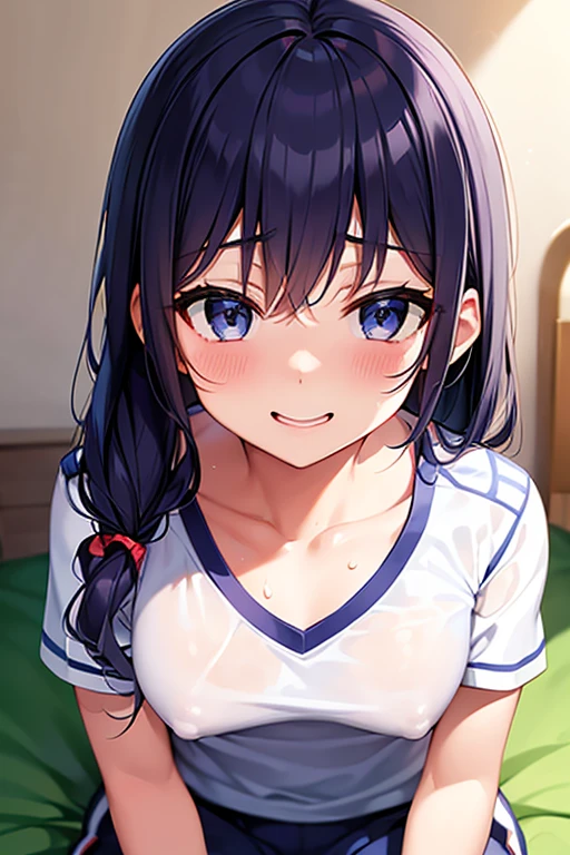 Wearing a soccer uniform with an embroidered logo、Cute junior high school girl with small breasts、Sweaty and looking happy、Lying on your back on the bed、Low - Angle、The uniform has an embroidered logo、indoor、Very protruding nipples、Pulling on clothes、The action of grabbing the chest area of one's clothes