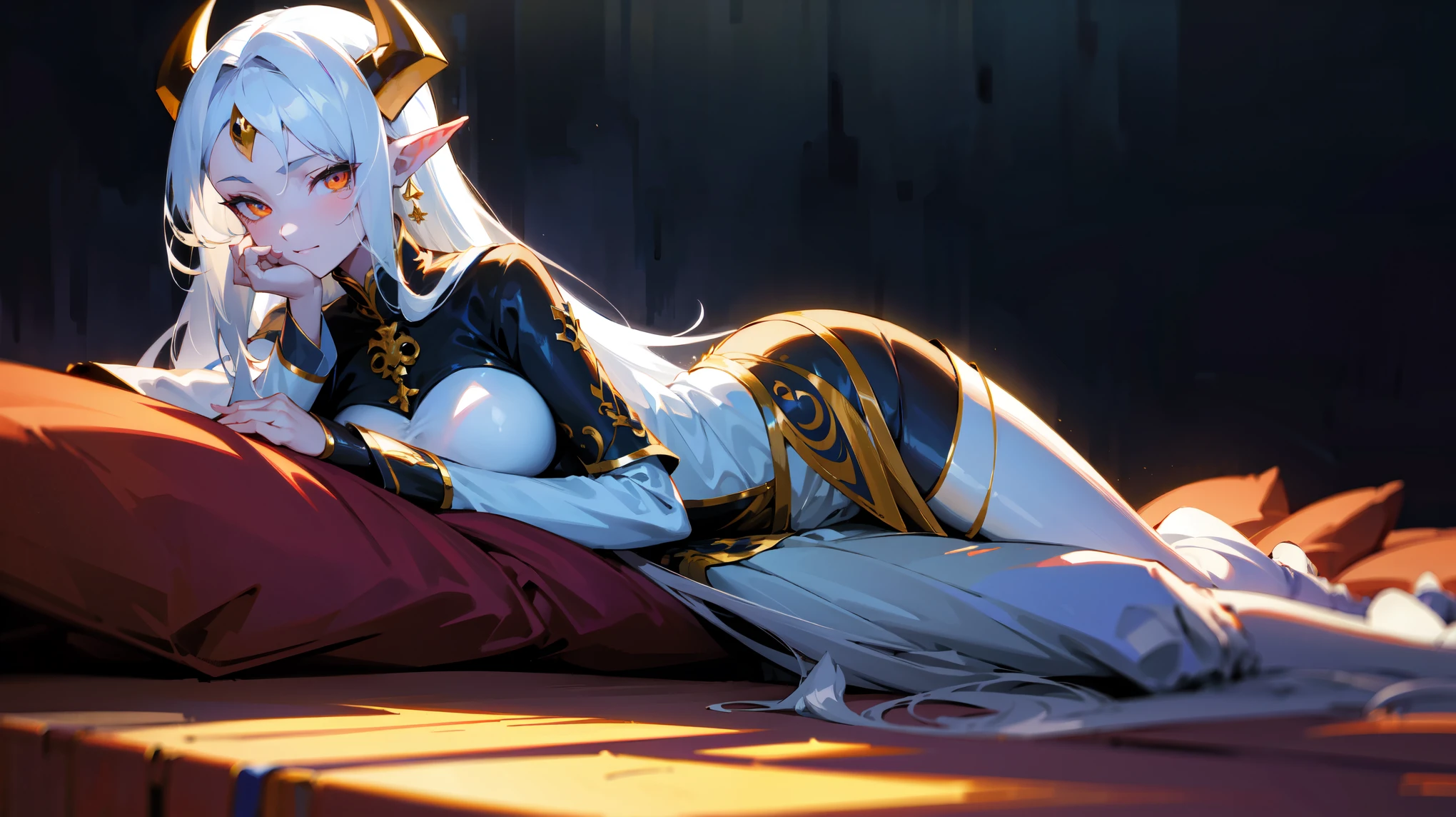 (best quality,highres,masterpiece:1.2),(flatten art:0.7), masterpiece, best quality, 1woman, Anime, darker environment, laying on bed, leaning with her hand, white horns, long straight white hair, white ao dai, golden demon eyes, pointy ear, large breast, enticing, night, dark, looking at viewer, solo, faint moonlight, smirks, close-up, barefoot