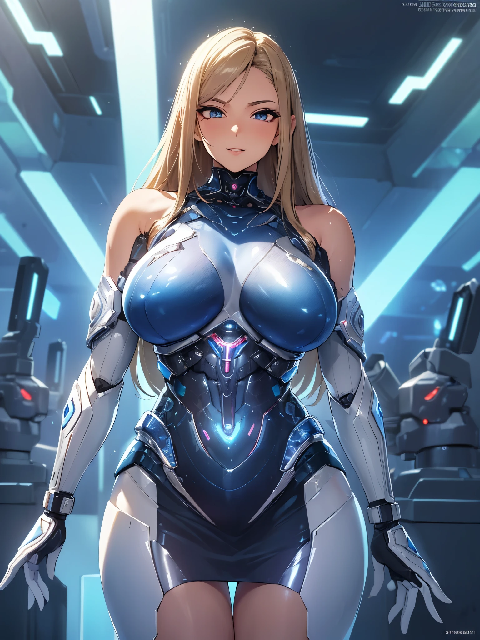 (((masterpiece))), (((best quality))), ((ultra-detailed)), (illustration), ((an extremely delicate and beautiful)), ((super detail)), ((high resolution)), (((20 years old))), metallic cloth, (dragon lady), (android), delicate metal decorations, gleaming skin, shiny body, two legs, breast focus, (((tall))), slender legs, ((big round eyes)), cute eyes, drooping eyes, ((adult)), two hands, five fingers, no extra hands, elegant smile, braid, ((metallic blue)), (see-through), (dark blonde), (ultra-huge breasts), (shining brightly), outdoor, mini skirt, daytime, ((biopunk)), ((hair shorter than shoulder)), medium length hair, gynoid,