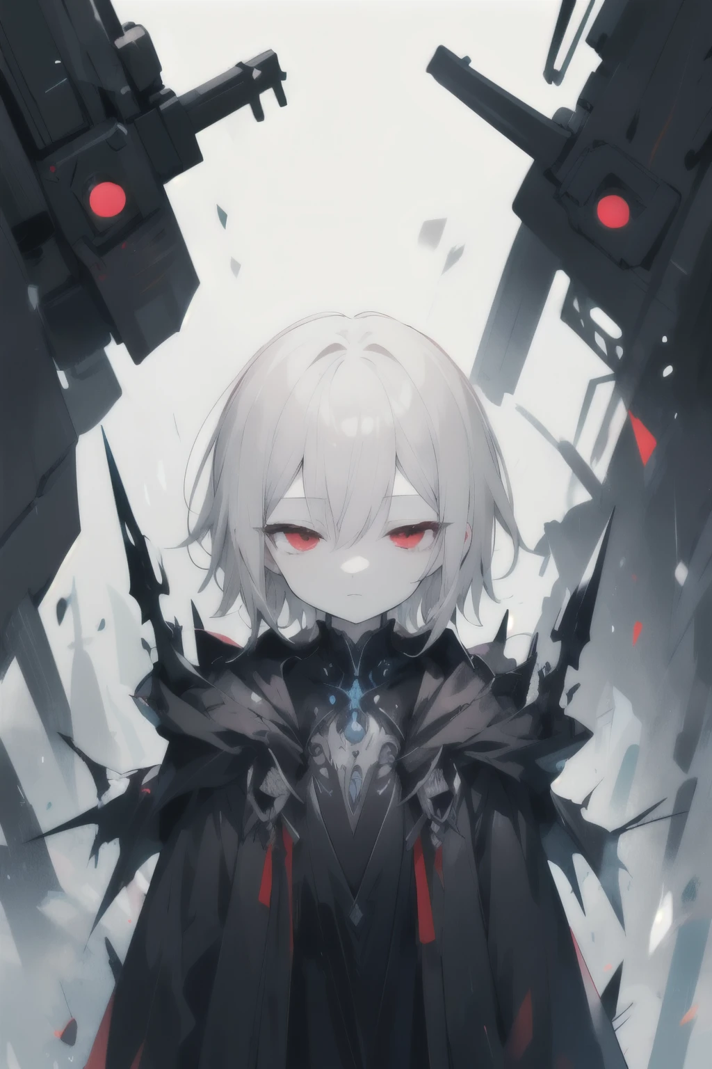 One , alone, Outdoor, Gray Hair,Short hair Red eyes, Overgrown, Pale skin, Expressionless, Cold attitude, Flat Chest, (Black Robe) Black blouse, Futuristic, Half-closed eyes, alone, (Mechanical body)