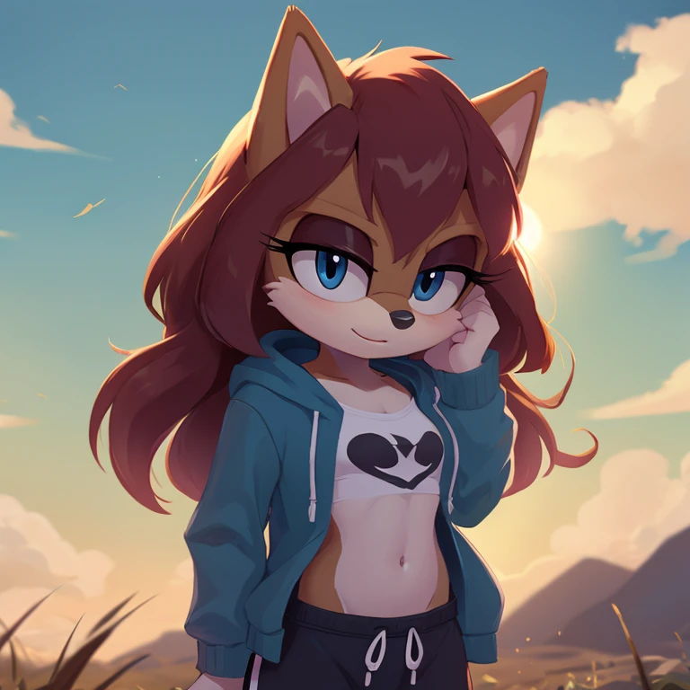 sonic_(series), sally acorn, (((mobian))), ((thin body, skinny figure)), (red hair, wavy bangs, long hair), ((blue eyes, aqua eyelids)), (blue hoodie,black shirt, black trackpant ), beautiful, pretty, cute, masterpiece, 4k, high quality, studio quality, detailed, insanely detailed, extreme detail, refined detail, perfect detail, max detail ,