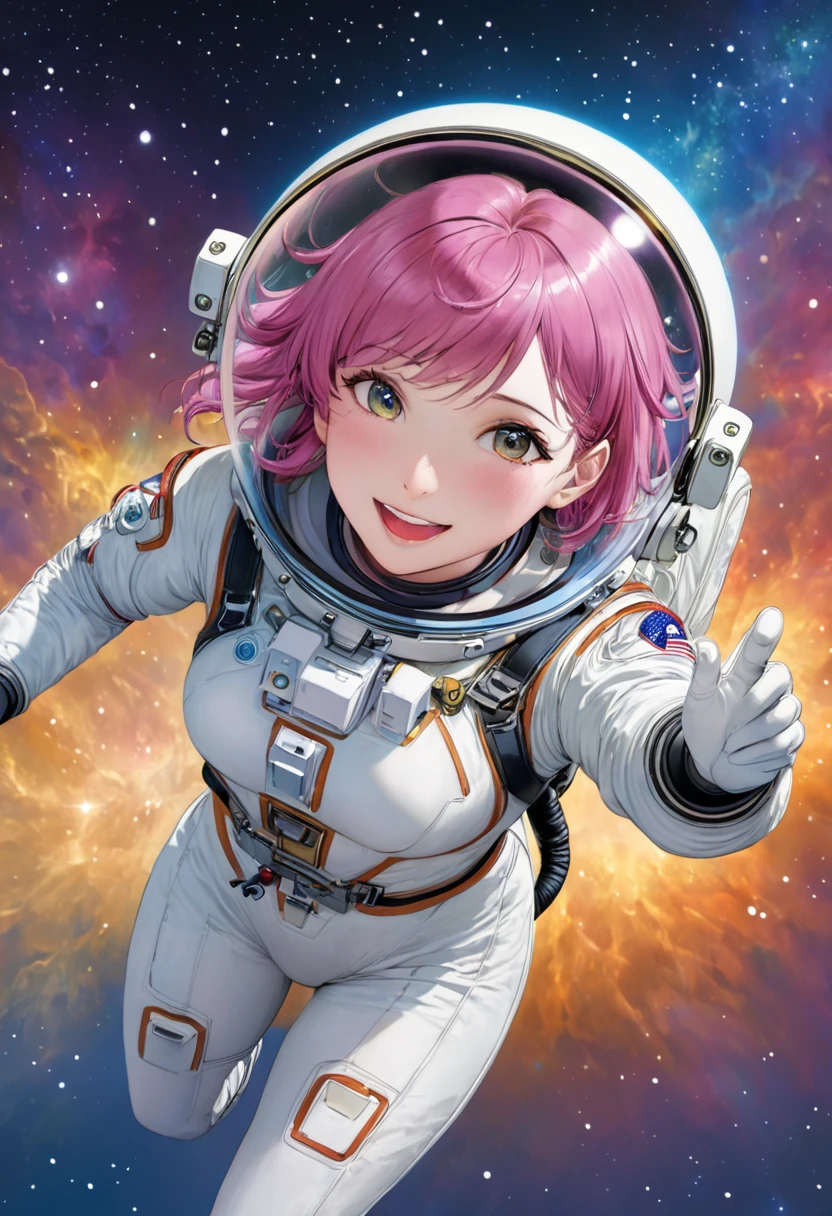 best quality,(1girl, solo, adult female, mature female), spacesuit, aura, space background, floating, low gravity, smile, open mouth, (awe, surprise), reflected light,