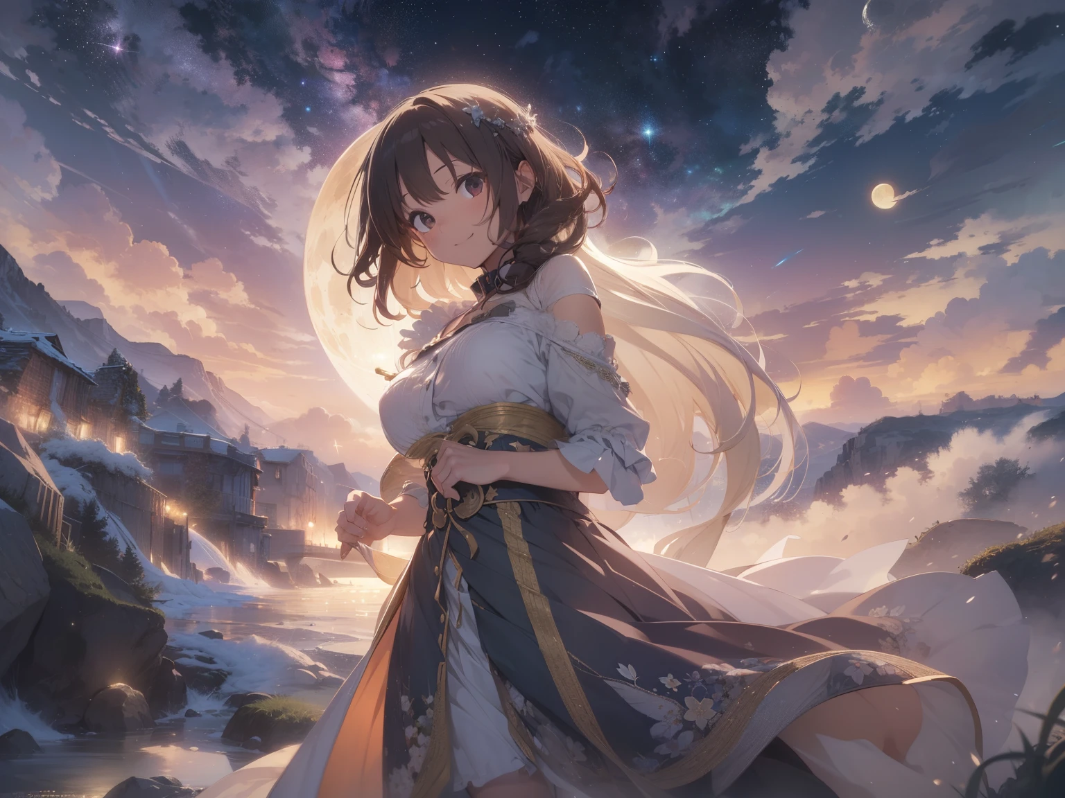 the Extremely Detailed CG Unity 8K Wallpapers, top-quality, ultra-detailliert, masterpiece, Full body portrait, realisitic, Behind the photo, large full breasts, realisitic, Photo Real, extremely detailed cute girl, 28 years old, Melancholy look, Brown hair, Curly Long Bob, Shaggy, out of focus, blur, Happy smile,quiet, thoughtful, empathy, serenity, fantastical attire, night sky, stars, moon, flowing fabrics, dream world, voluptuous, approachable, guidance, mystical aura, dreamlike, softly illuminated environment, whole,