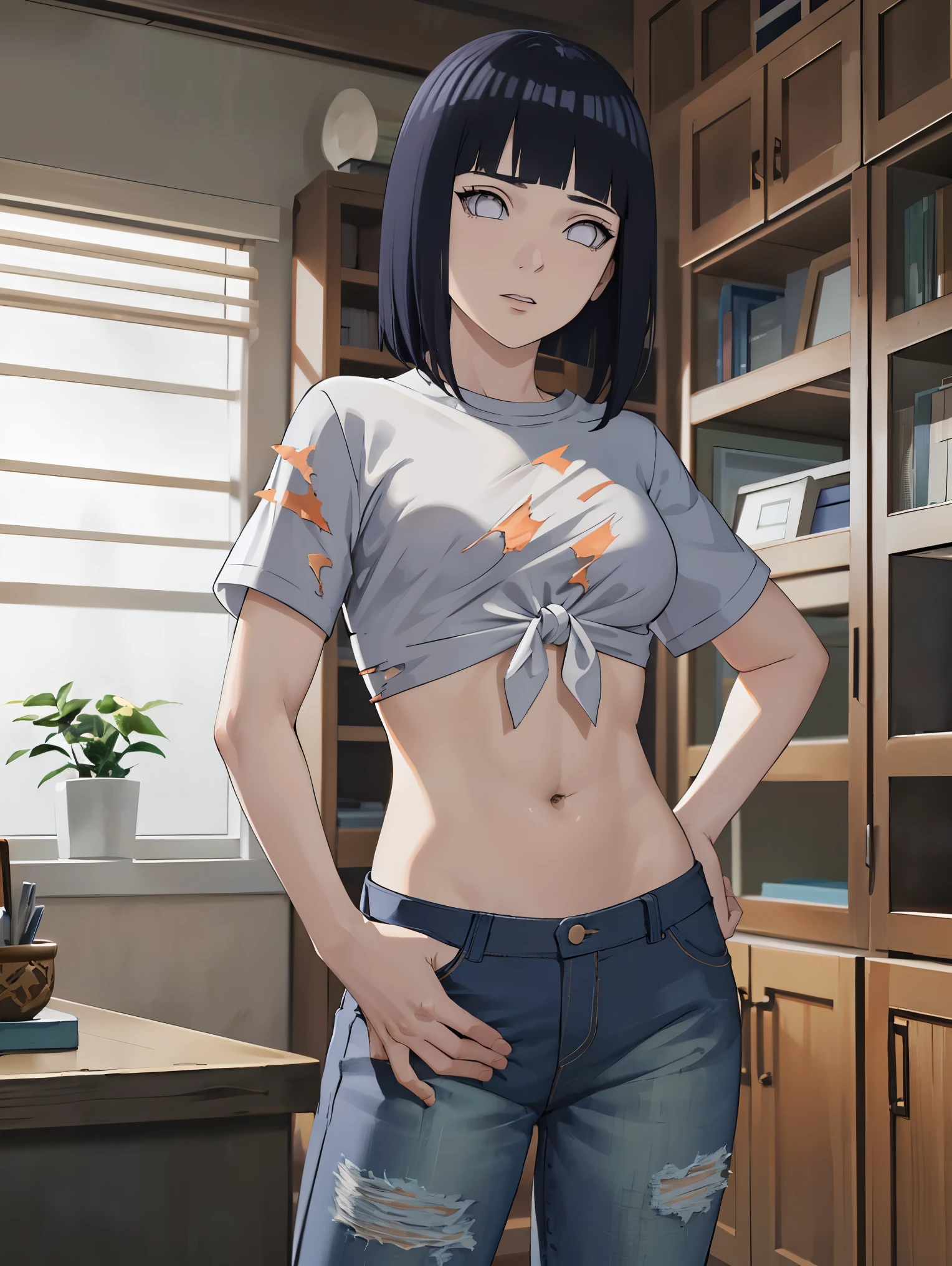 hinata\(boruto\), 1girl, solo,mature female,
BREAK (midriff, navel, pants, shirt, short, tied shirt, toned, torn clothes, belth, denim, short sleeves, white shirt:1.2),
BREAK looking at viewer, full body, (cowboy shot:1.5), standing,pose, hand on hip,
BREAK indoors, library,
BREAK (masterpiece:1.2), best quality, high resolution, unity 8k wallpaper,NSFW ,(illustration:0.8), extremely detailed face, perfect lighting, extremely detailed CG, (perfect hands, perfect anatomy),