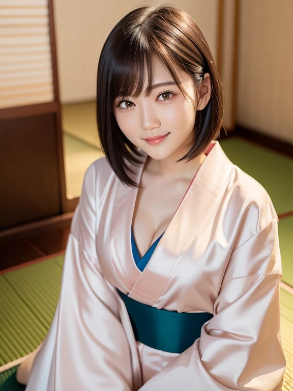 (highest quality:1.5)、(Real:1.5)、(1 person:1.5)、(Very detailed)、(High resolution)、8k、Small breasts、Natural color lip、Cute smile、Japanese women、20 year old girl、Beautiful and elegant face、Cute face、Arched thin eyebrows、Cute eyes, large, well-balanced eyes、Big Eyes、Fair skin、、Natural Bangs、Beautiful and thin nose、 Beautiful Skin、Medium Bob Hair、Natural Bangs、Beautiful Faces、Slim face、Slim figure、（With a cute expression）、（Bright lighting）、Professional Lighting、（Lighting from the front）、Adorable smile、cute、Beautiful cleavage、(A woman wearing a kimono sitting on a tatami mat)、Beautiful Japanese-style room with tatami mats、
